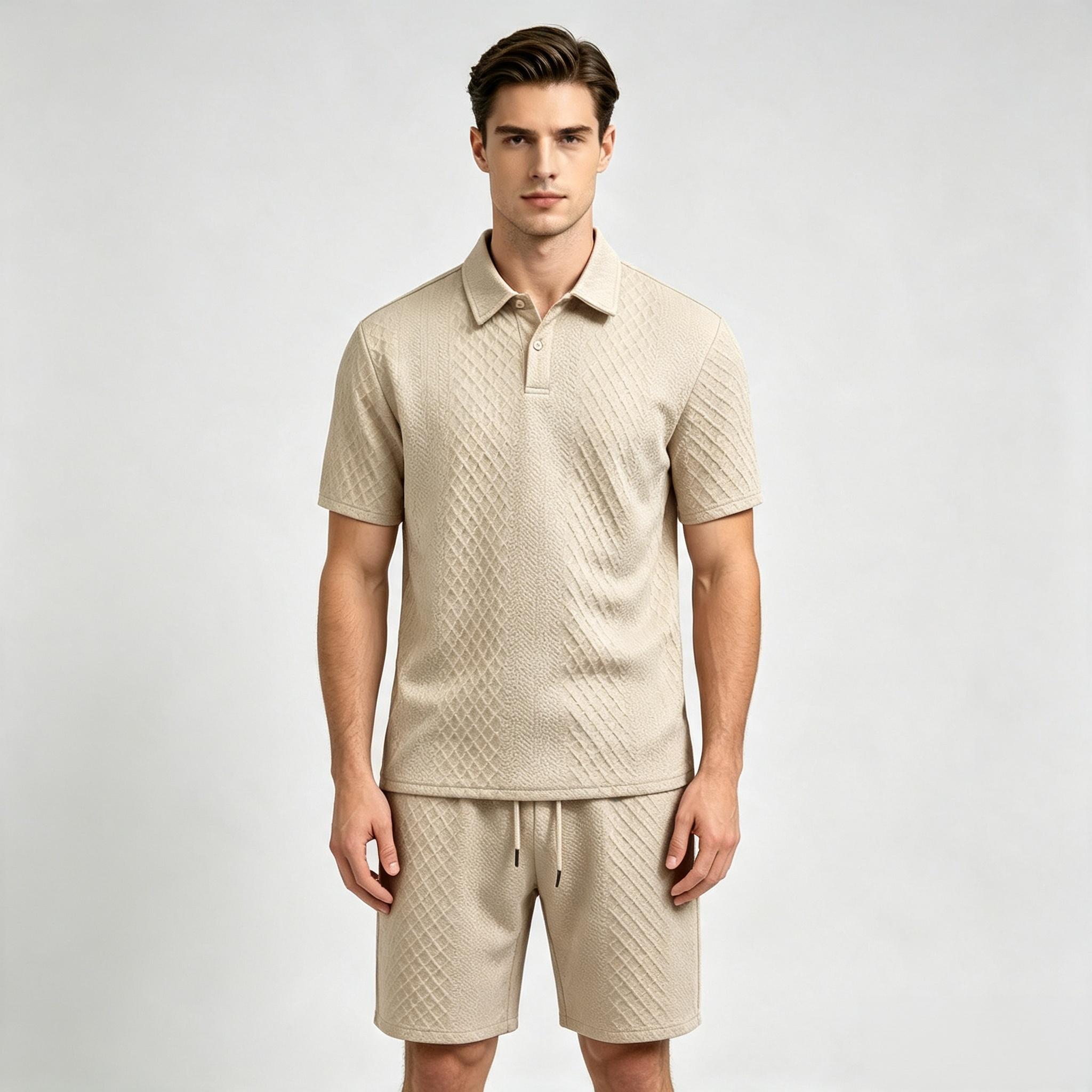 Men's 2-Piece Textured Diamond Quilted Polo Shirt & Shorts Set