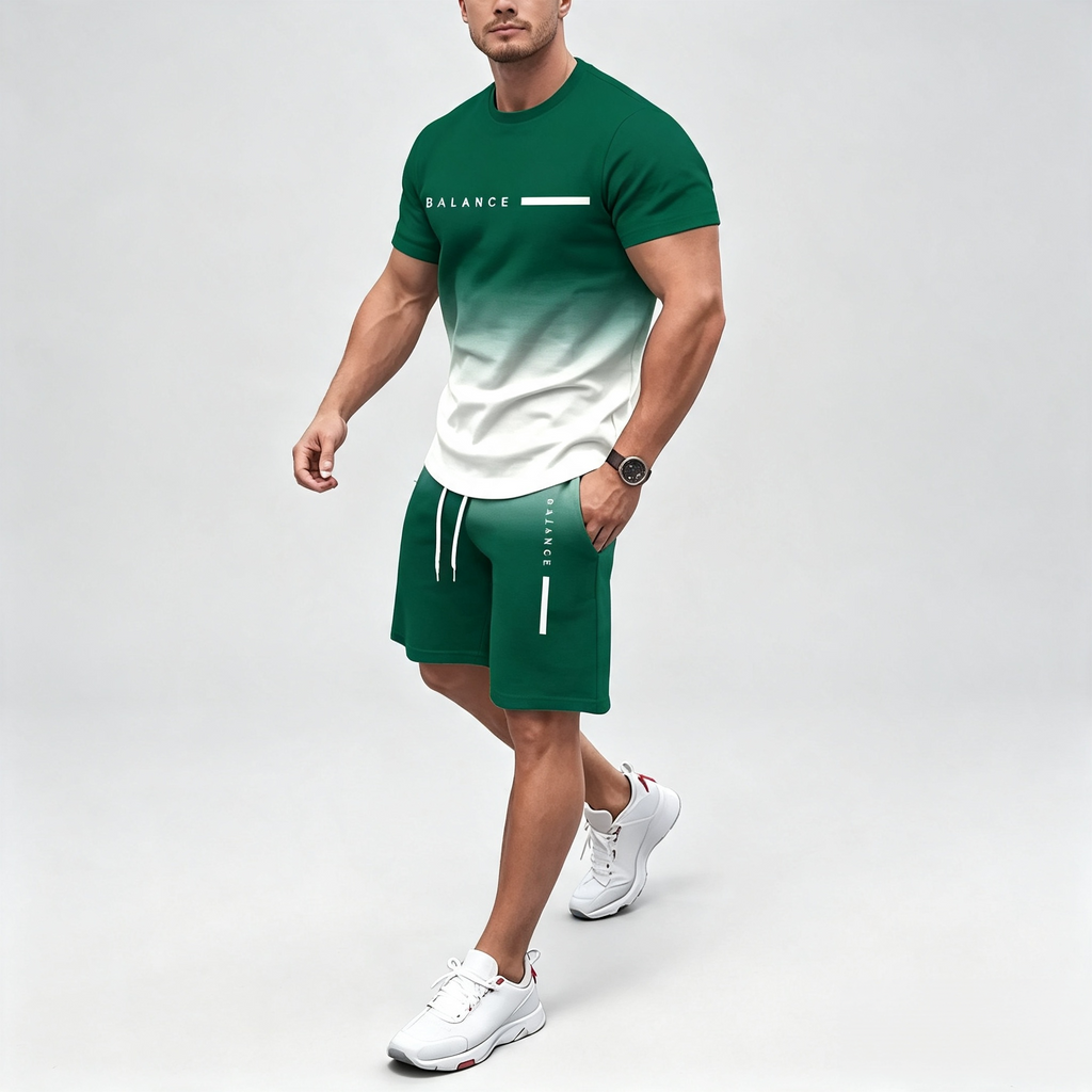 Men's Gradient Print 2-Piece Outfit, PARIS Letter Short Sleeve T-Shirt & Drawstring Shorts Set