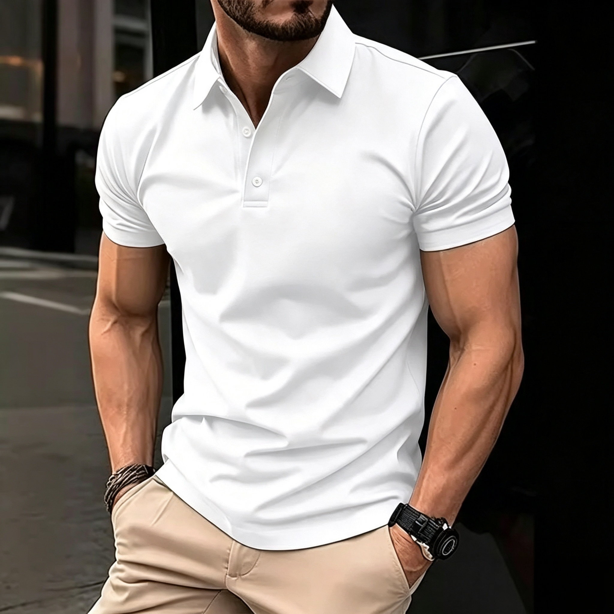 Men's Solid Color Short Sleeve Polo Shirt, Classic Collar 3-Button Placket Casual Top