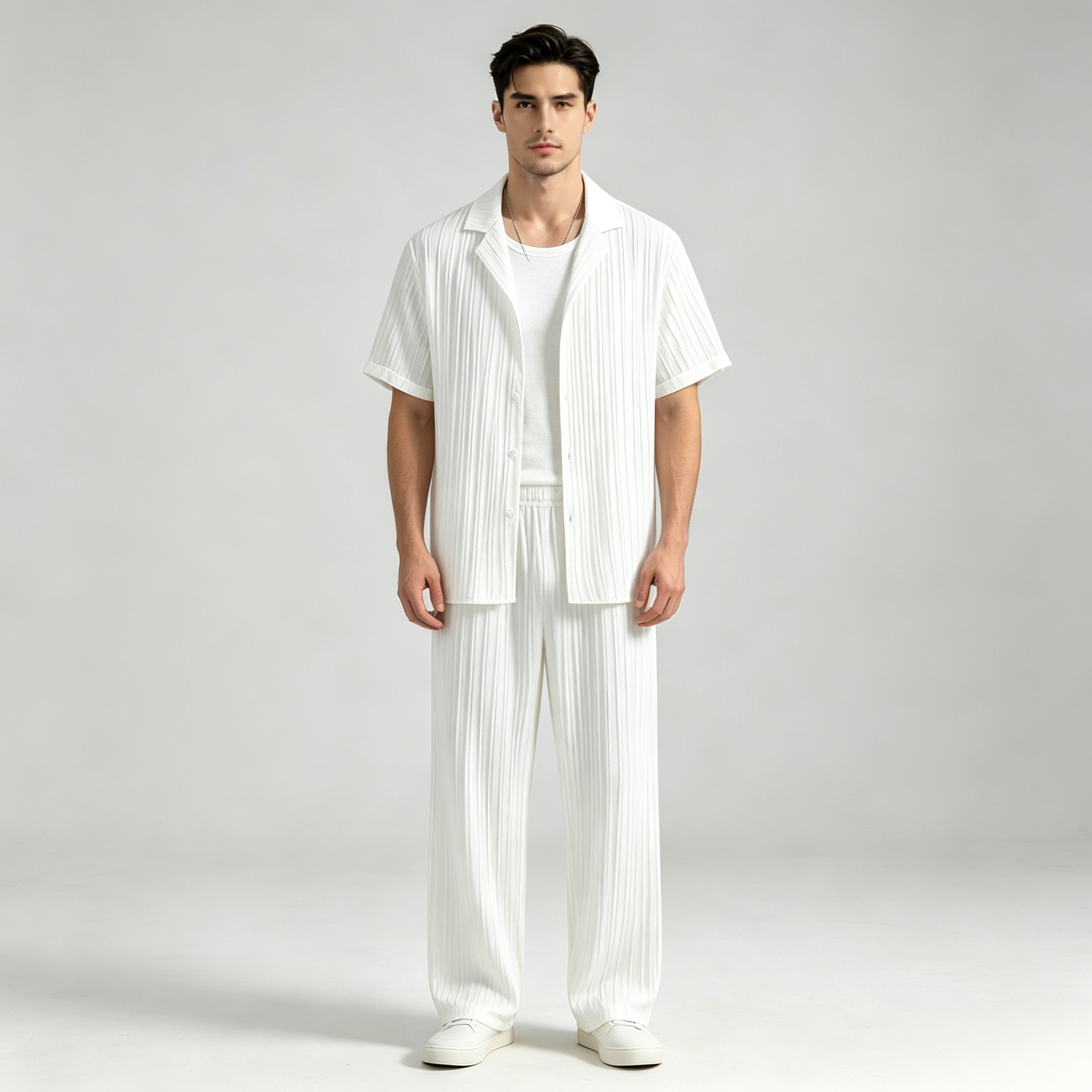 Men's Textured Short Sleeve Shirt & Wide Leg Pants Set