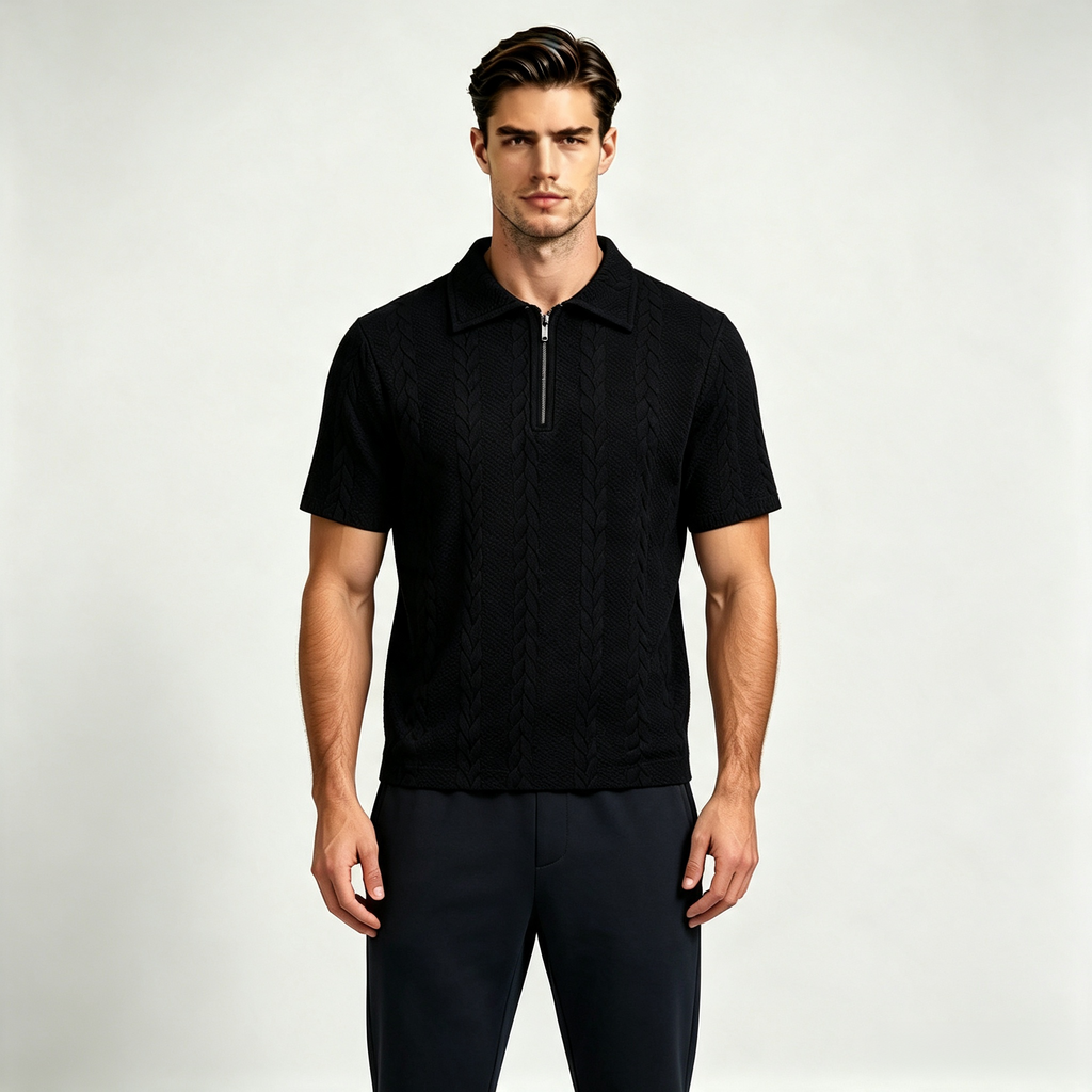 Men's Textured Quarter Zip Polo Shirt – Lapel Short Sleeve Casual Top