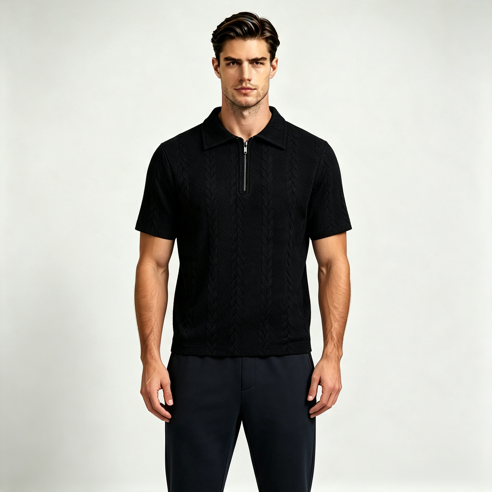 Men's Textured Quarter Zip Polo Shirt – Lapel Short Sleeve Casual Top