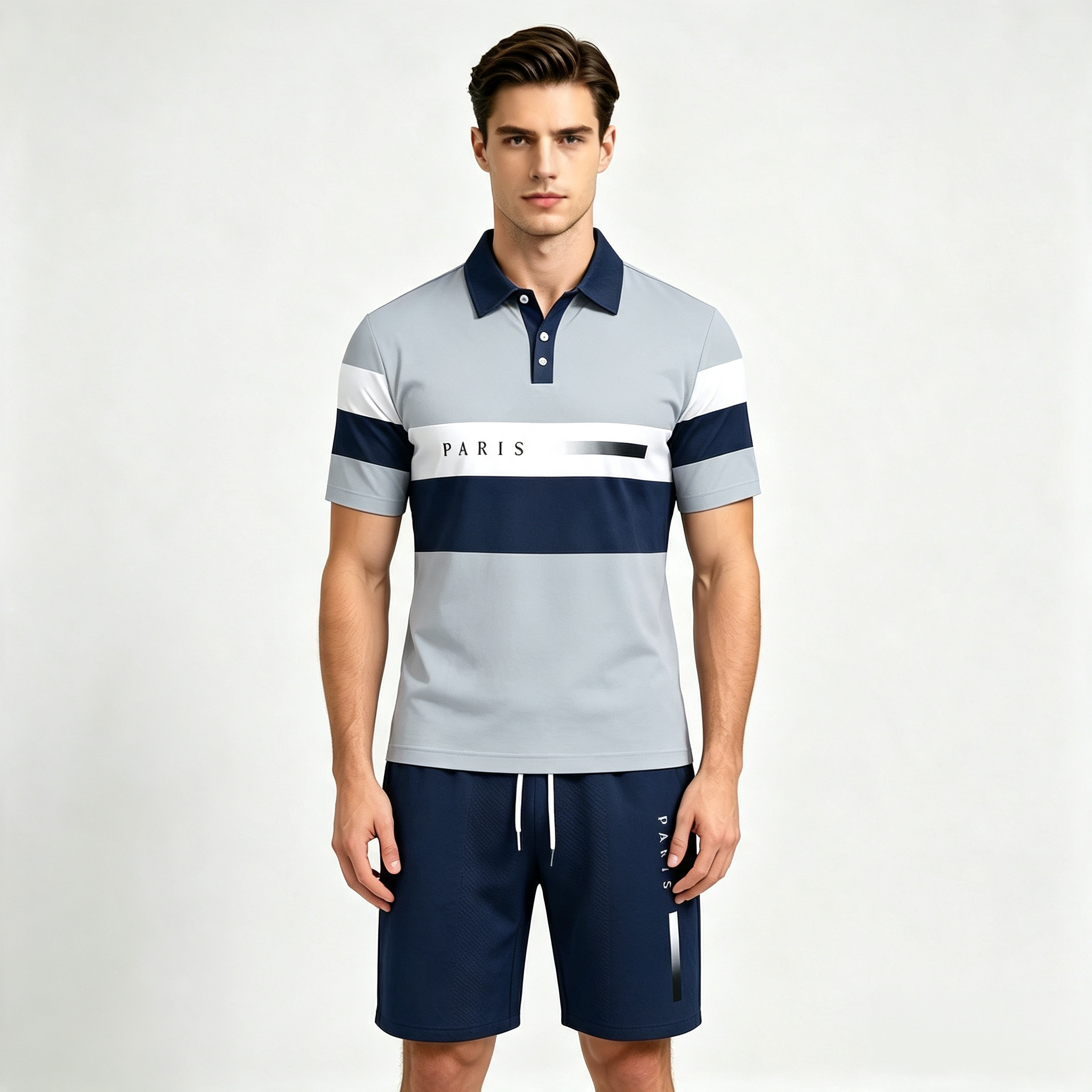 Men's 2-Piece Color Block "PARIS" Print Polo Shirt & Shorts Set – Casual Short Sleeve Tracksuit