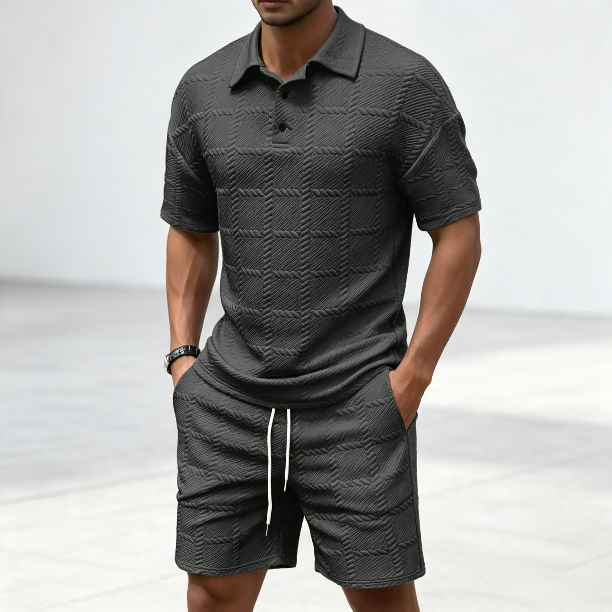 Men's 2-Piece Textured Polo Shirt & Shorts Set – Casual Short Sleeve Tracksuit