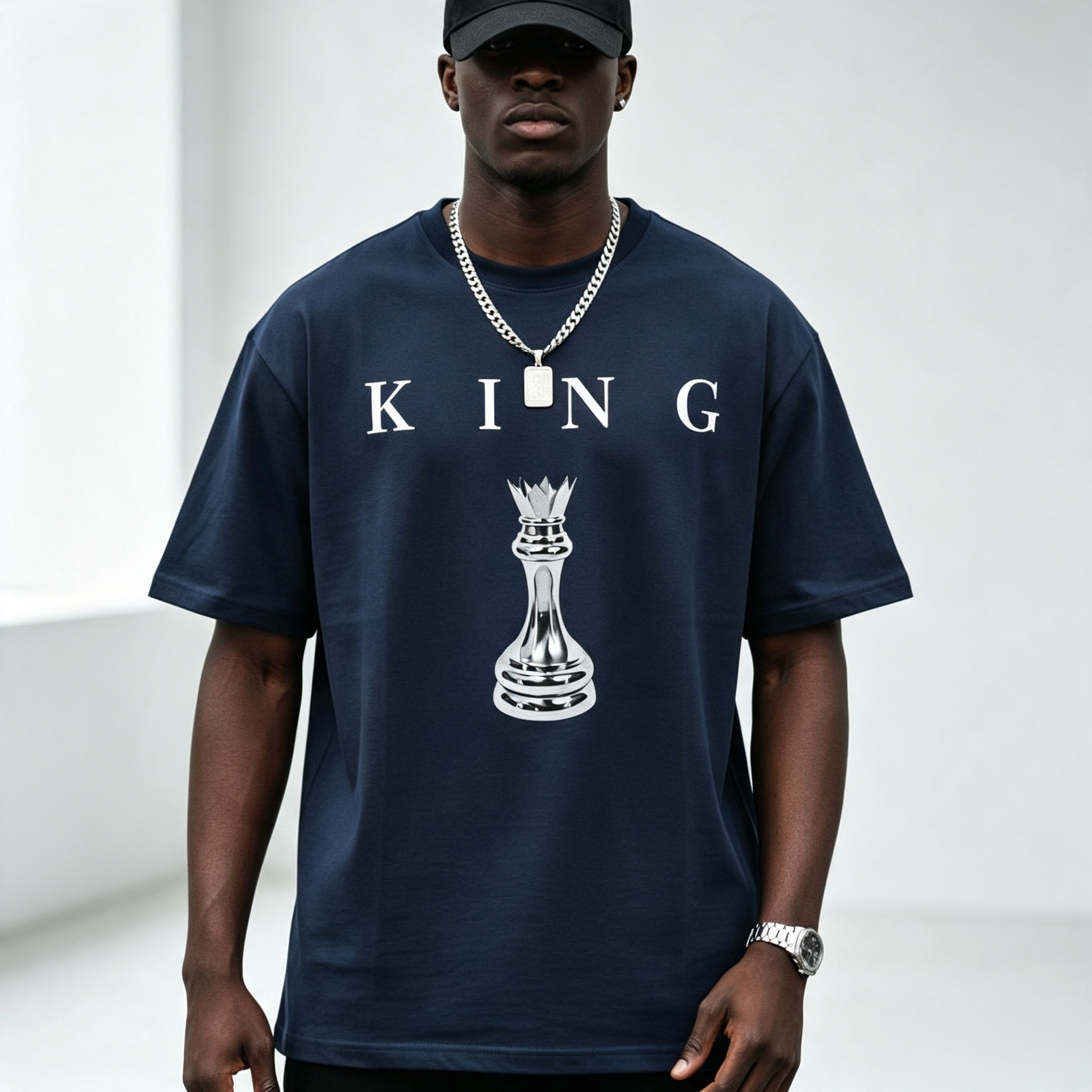 Men's Metallic Chess King "KING" Letter Print Crew Neck Short Sleeve T-Shirt