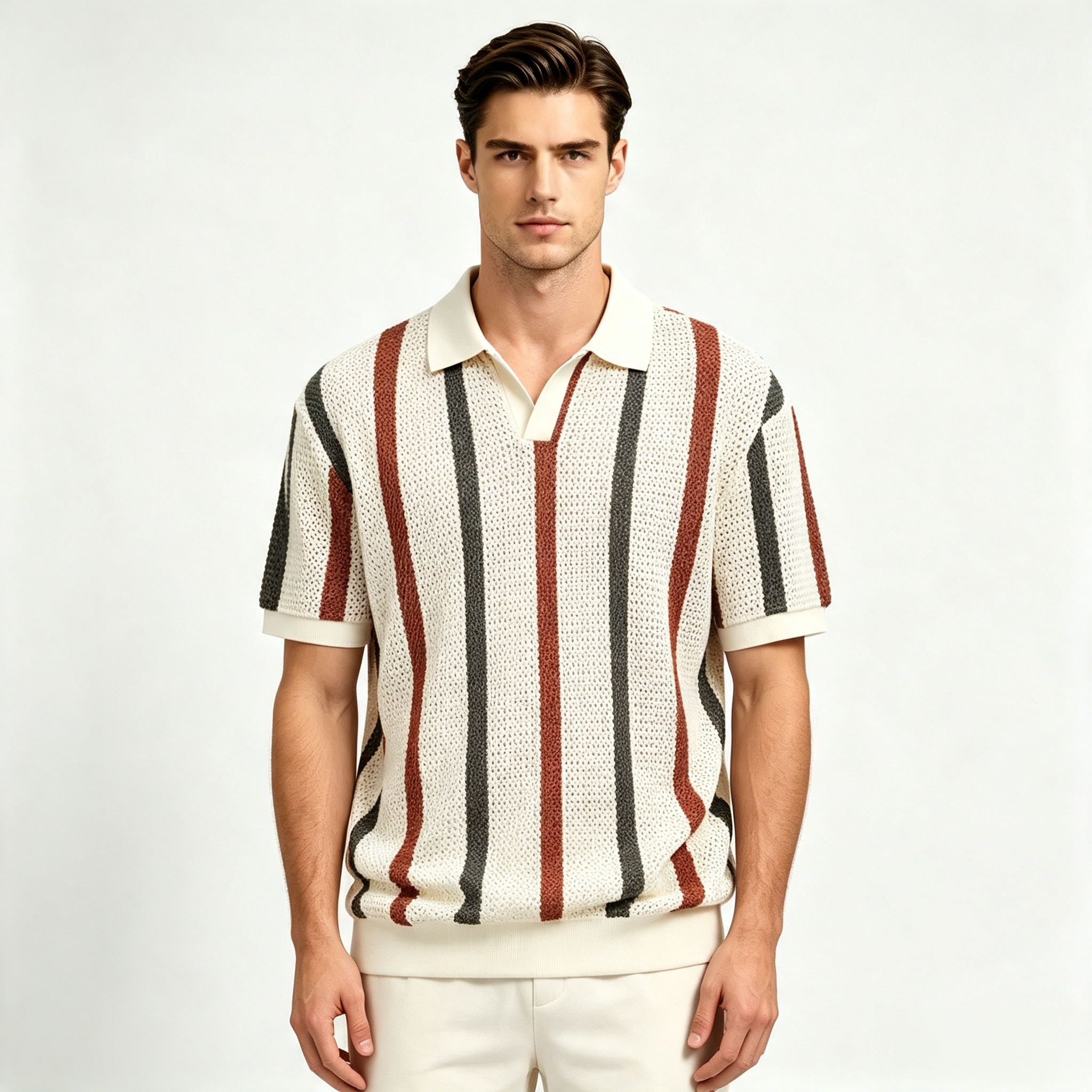 Men's Striped Open-Weave Polo Shirt – Breathable Casual Short Sleeve Top