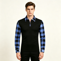 Men's Plaid‑Sleeve Quarter Zip Lapel Long‑Sleeve Casual Polo Shirt