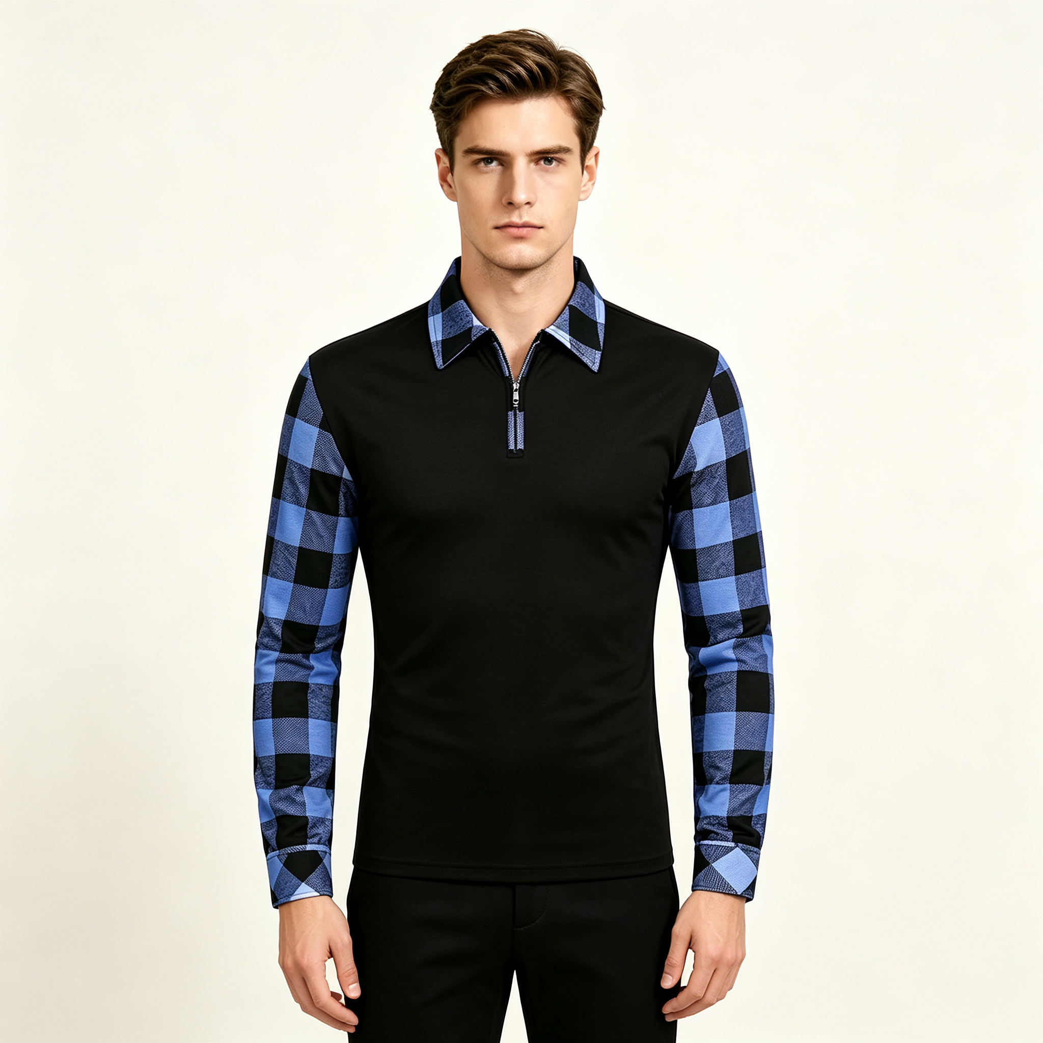 Men's Plaid‑Sleeve Quarter Zip Lapel Long‑Sleeve Casual Polo Shirt