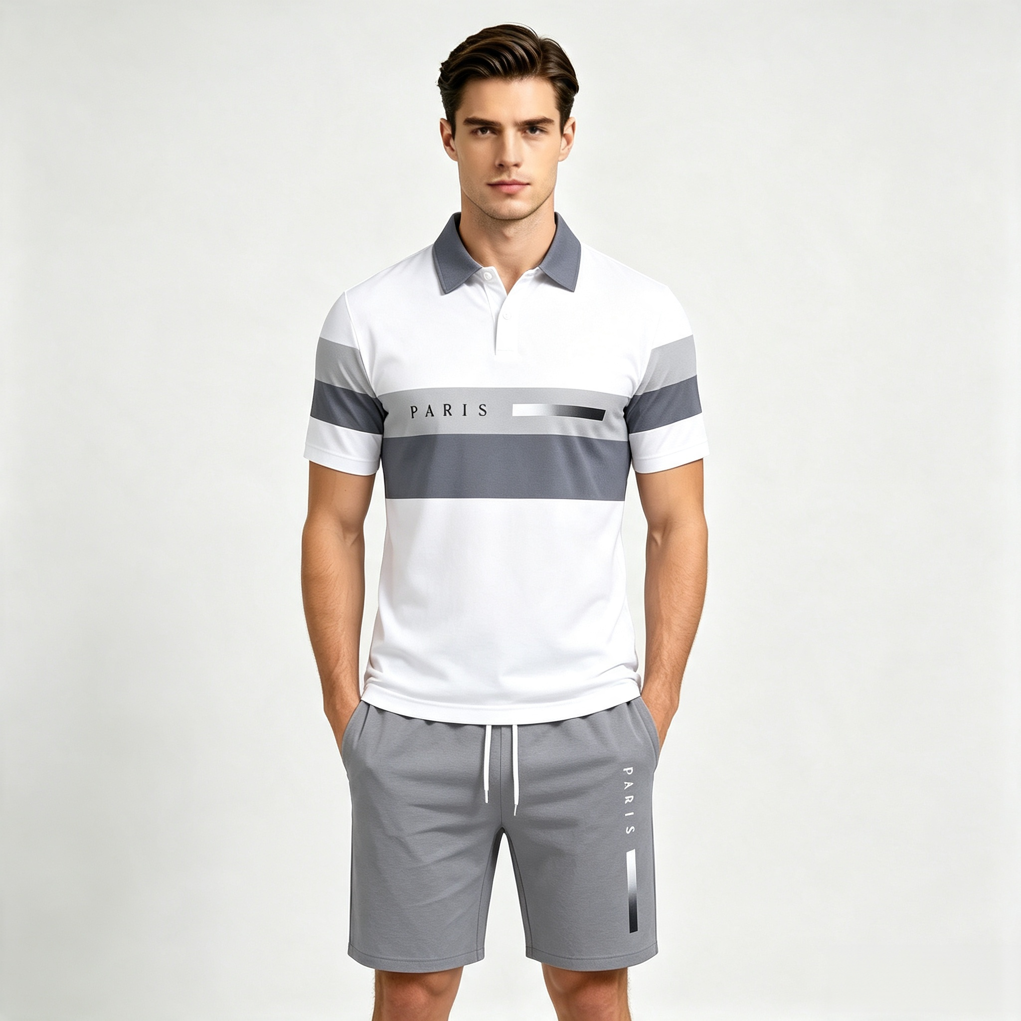 Men's 2-Piece Color Block "PARIS" Print Polo Shirt & Shorts Set – Casual Short Sleeve Tracksuit