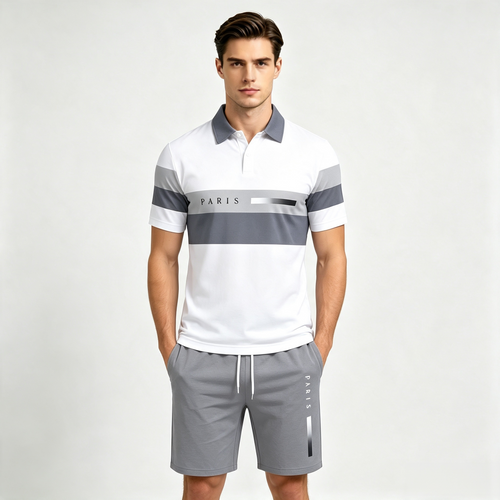 Men's 2-Piece Color Block "PARIS" Print Polo Shirt & Shorts Set – Casual Short Sleeve Tracksuit