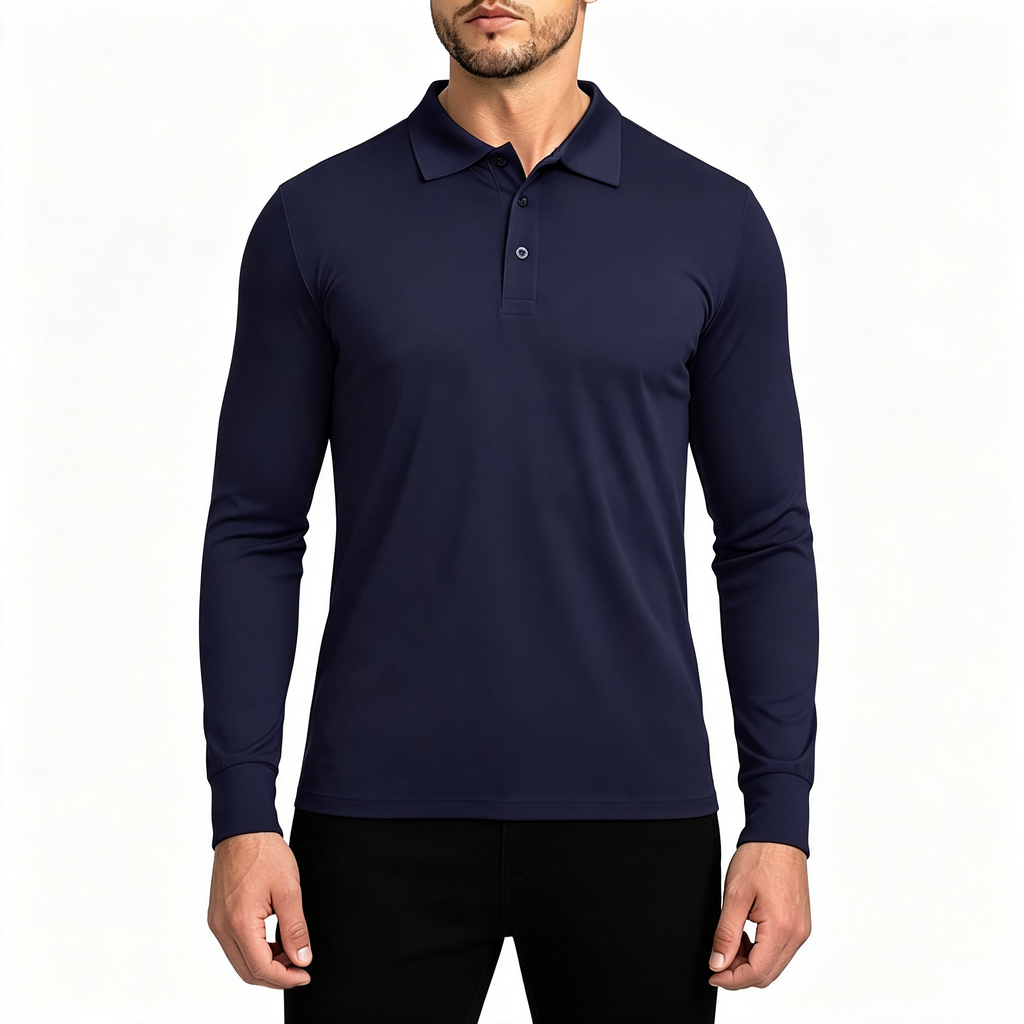 Men's Long Sleeve Performance Polo Shirt, Classic Collar 3-Button Placket Casual Golf Polo Top
