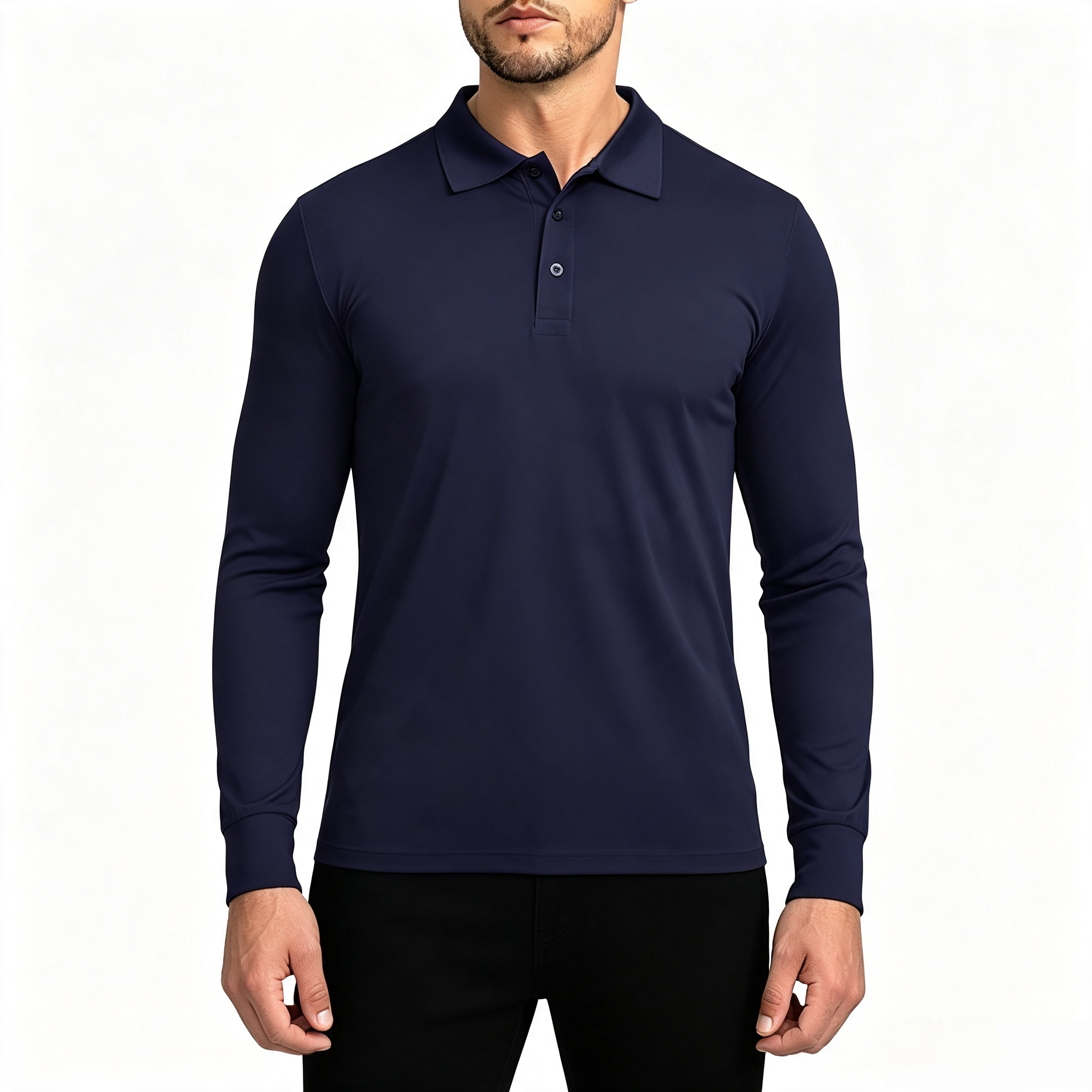 Men's Long Sleeve Performance Polo Shirt, Classic Collar 3-Button Placket Casual Golf Polo Top