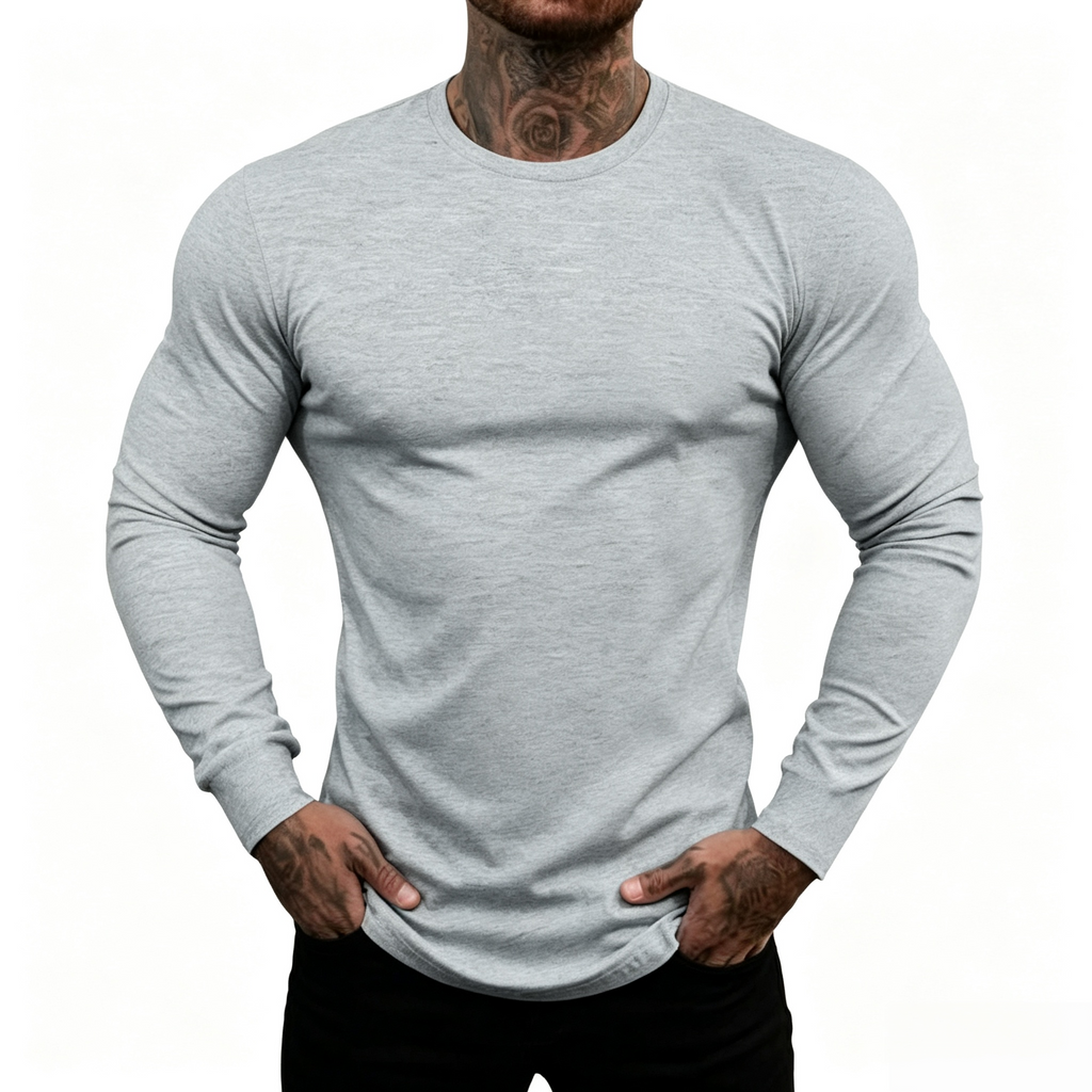 Men's Muscle Fit Long Sleeve Crew Neck T‑Shirt, Curved Hem Athletic Basic Casual Top