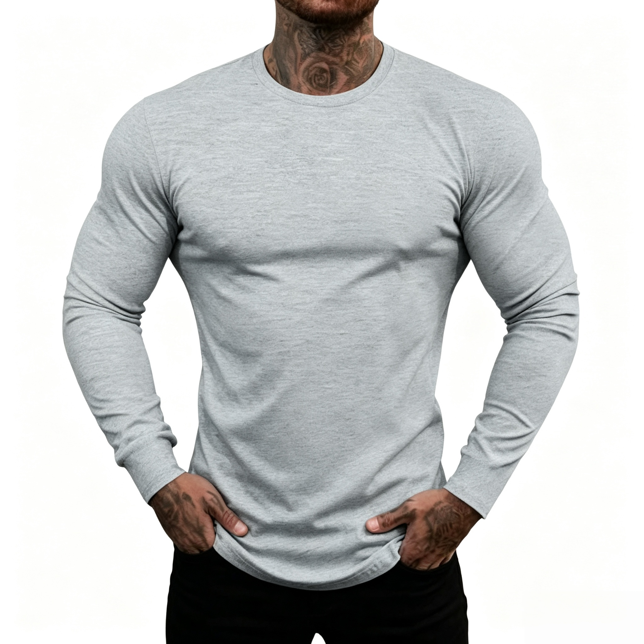 Men's Muscle Fit Long Sleeve Crew Neck T‑Shirt, Curved Hem Athletic Basic Casual Top