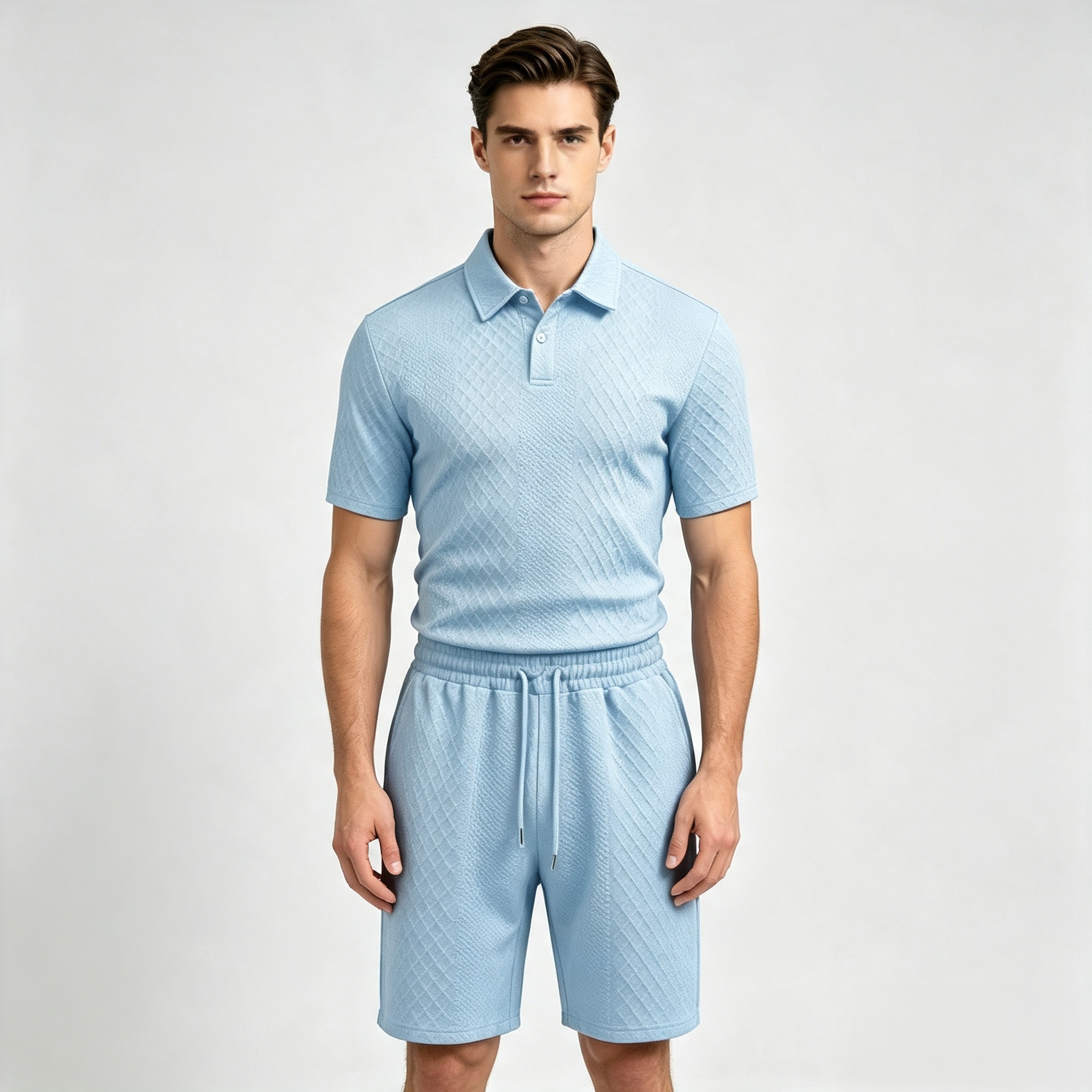 Men's 2-Piece Textured Diamond Quilted Polo Shirt & Shorts Set