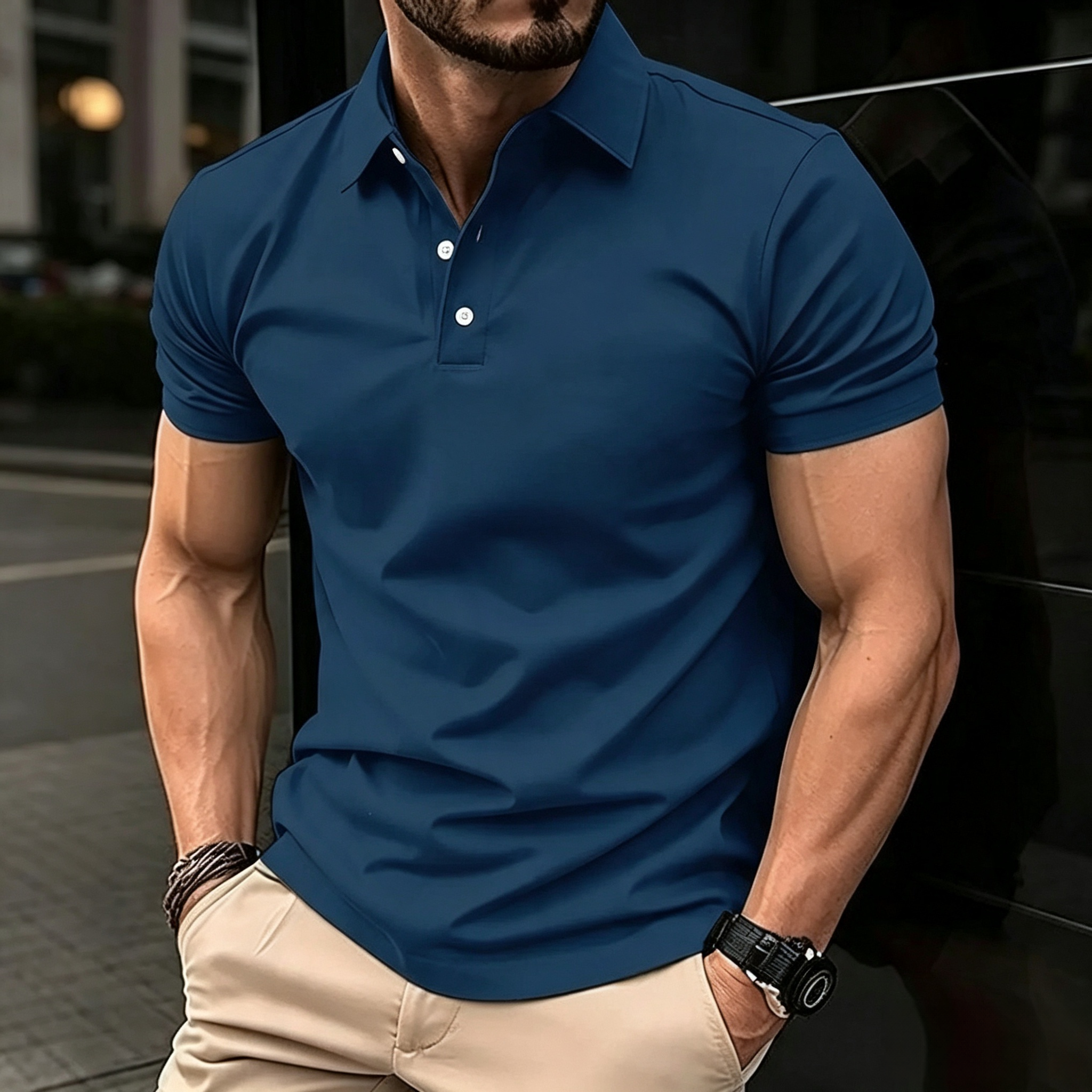 Men's Solid Color Short Sleeve Polo Shirt, Classic Collar 3-Button Placket Casual Top
