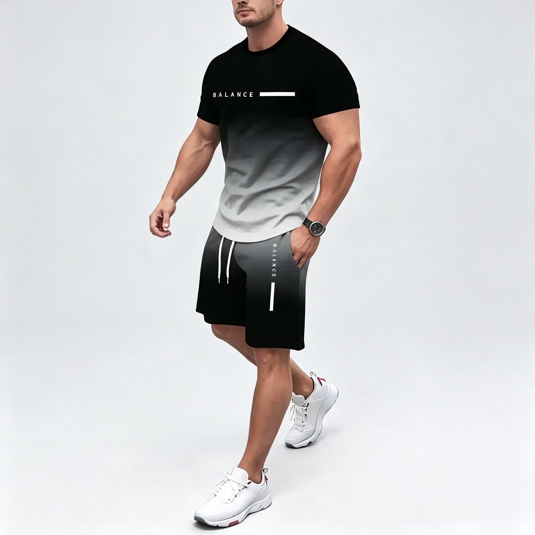 Men's Gradient Print 2-Piece Outfit, PARIS Letter Short Sleeve T-Shirt & Drawstring Shorts Set