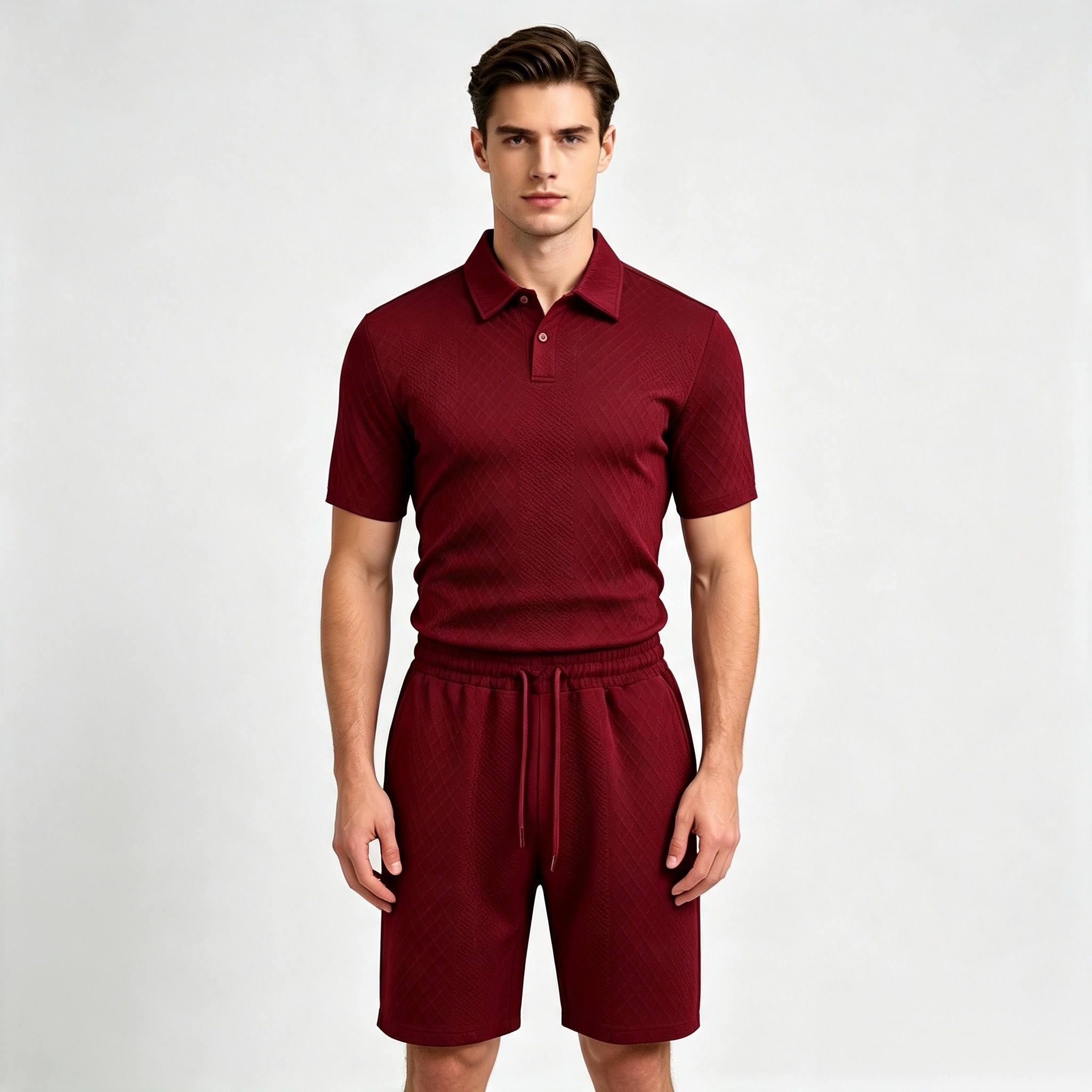 Men's 2-Piece Textured Diamond Quilted Polo Shirt & Shorts Set