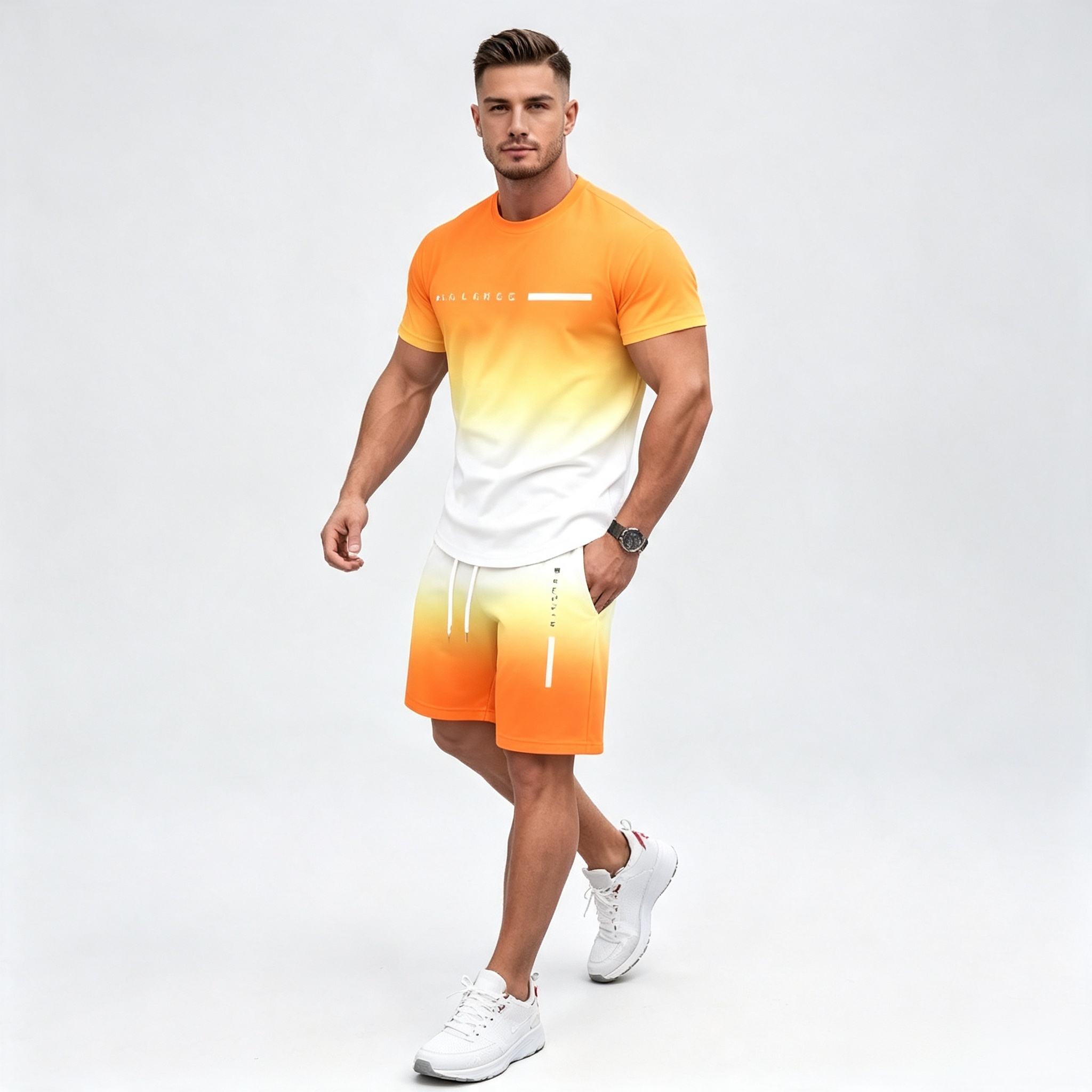 Men's Gradient Print 2-Piece Outfit, PARIS Letter Short Sleeve T-Shirt & Drawstring Shorts Set