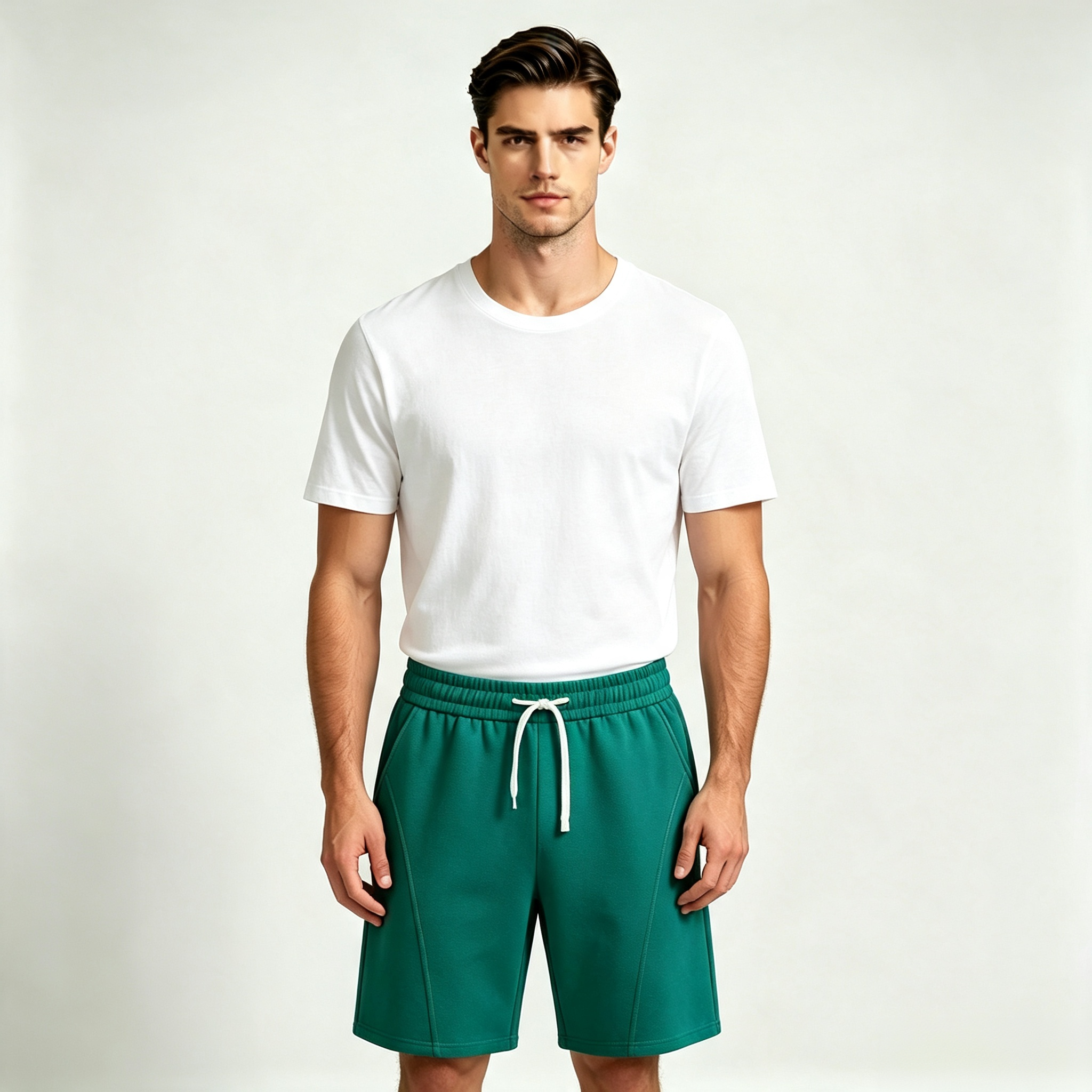 Men's Light Grey 100% Cotton Casual Shorts – Elastic Waist Drawstring Knee-Length Shorts