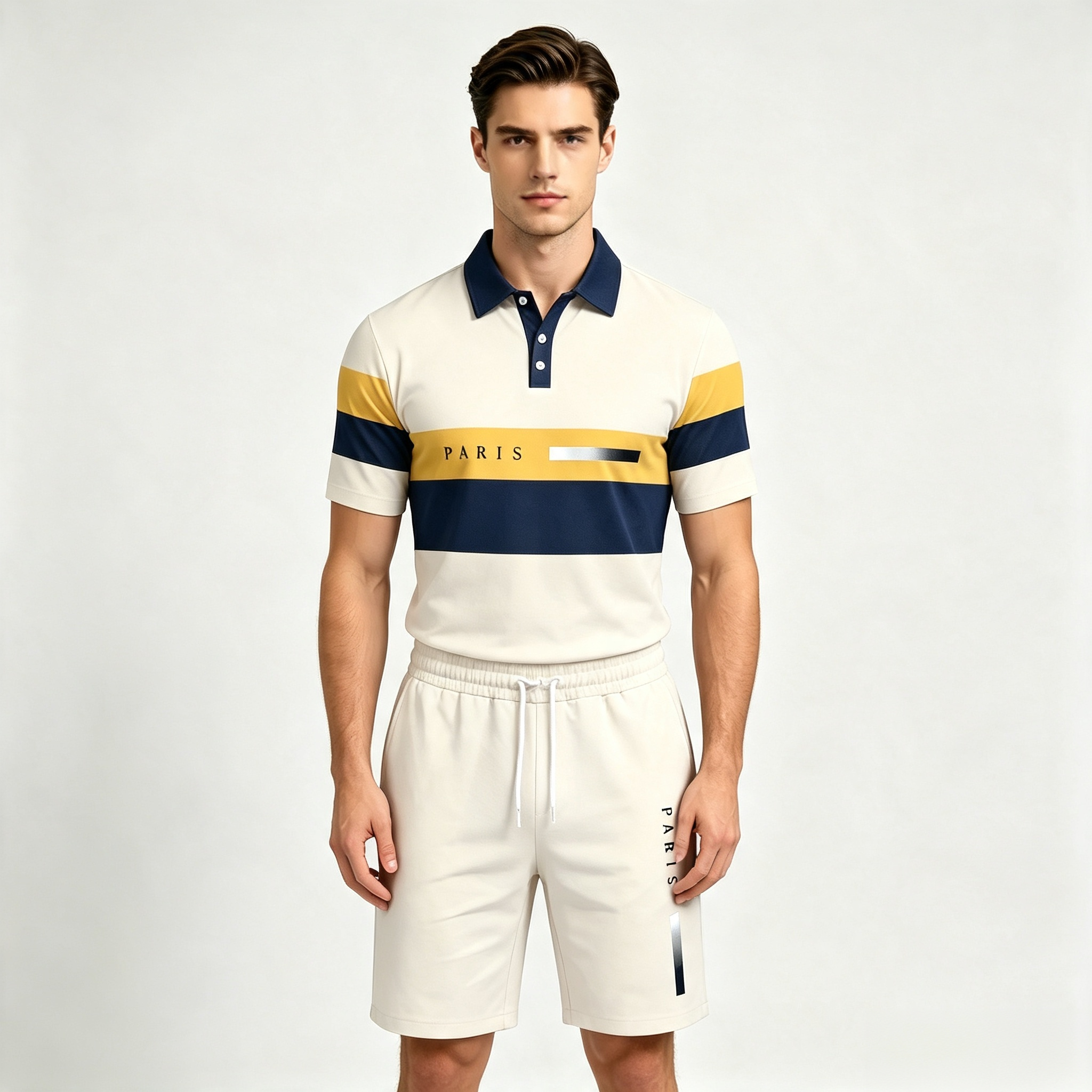 Men's 2-Piece Color Block "PARIS" Print Polo Shirt & Shorts Set – Casual Short Sleeve Tracksuit