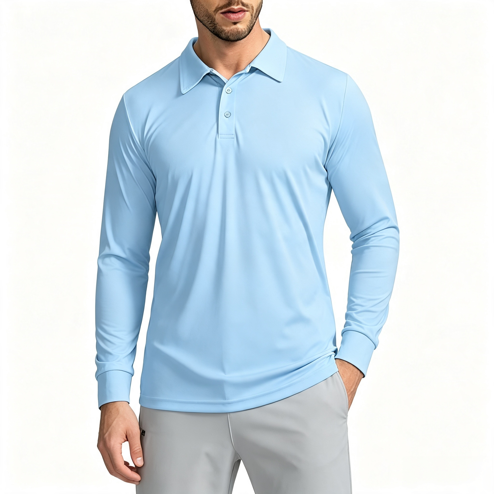 Men's Long Sleeve Performance Polo Shirt, Classic Collar 3-Button Placket Casual Golf Polo Top