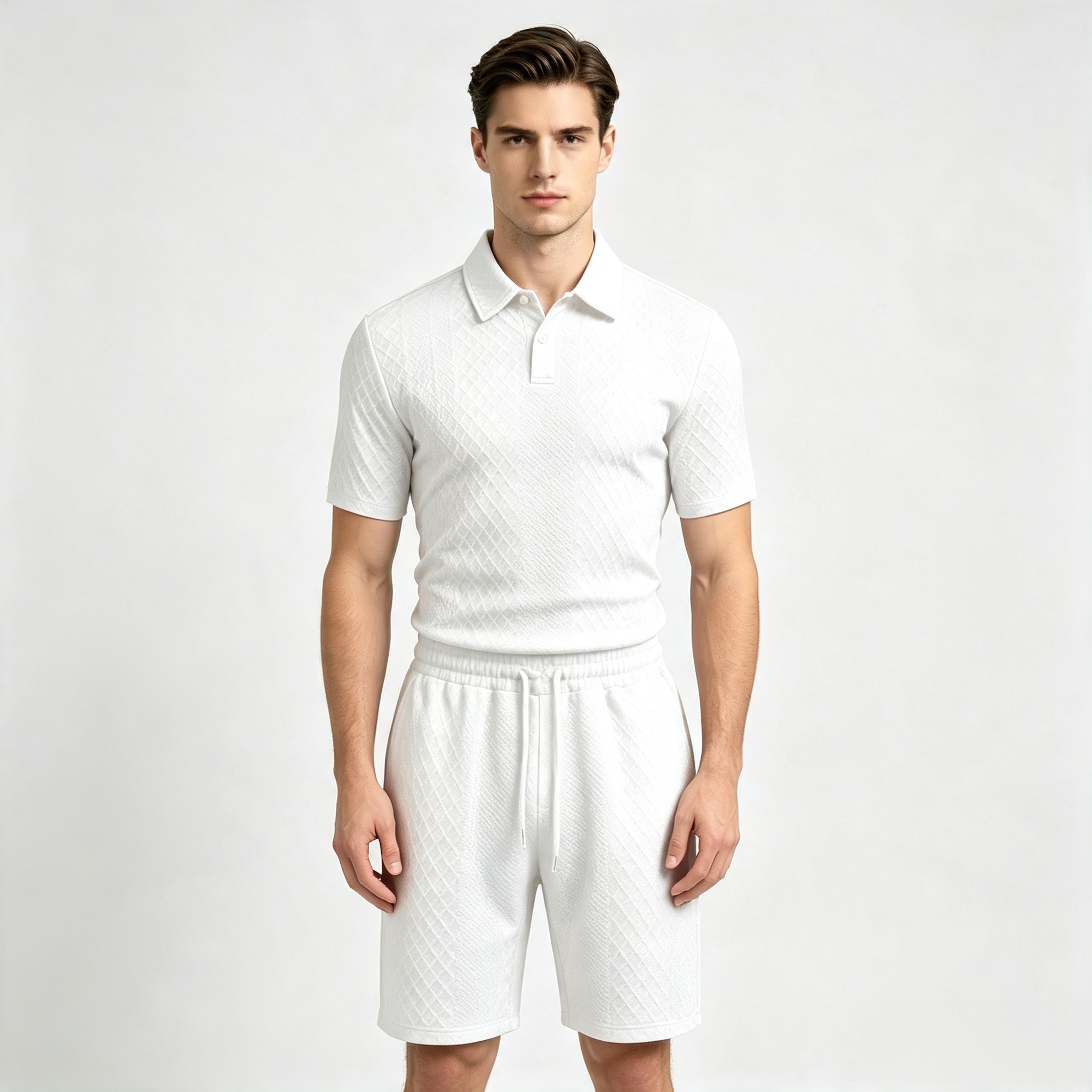 Men's 2-Piece Textured Diamond Quilted Polo Shirt & Shorts Set
