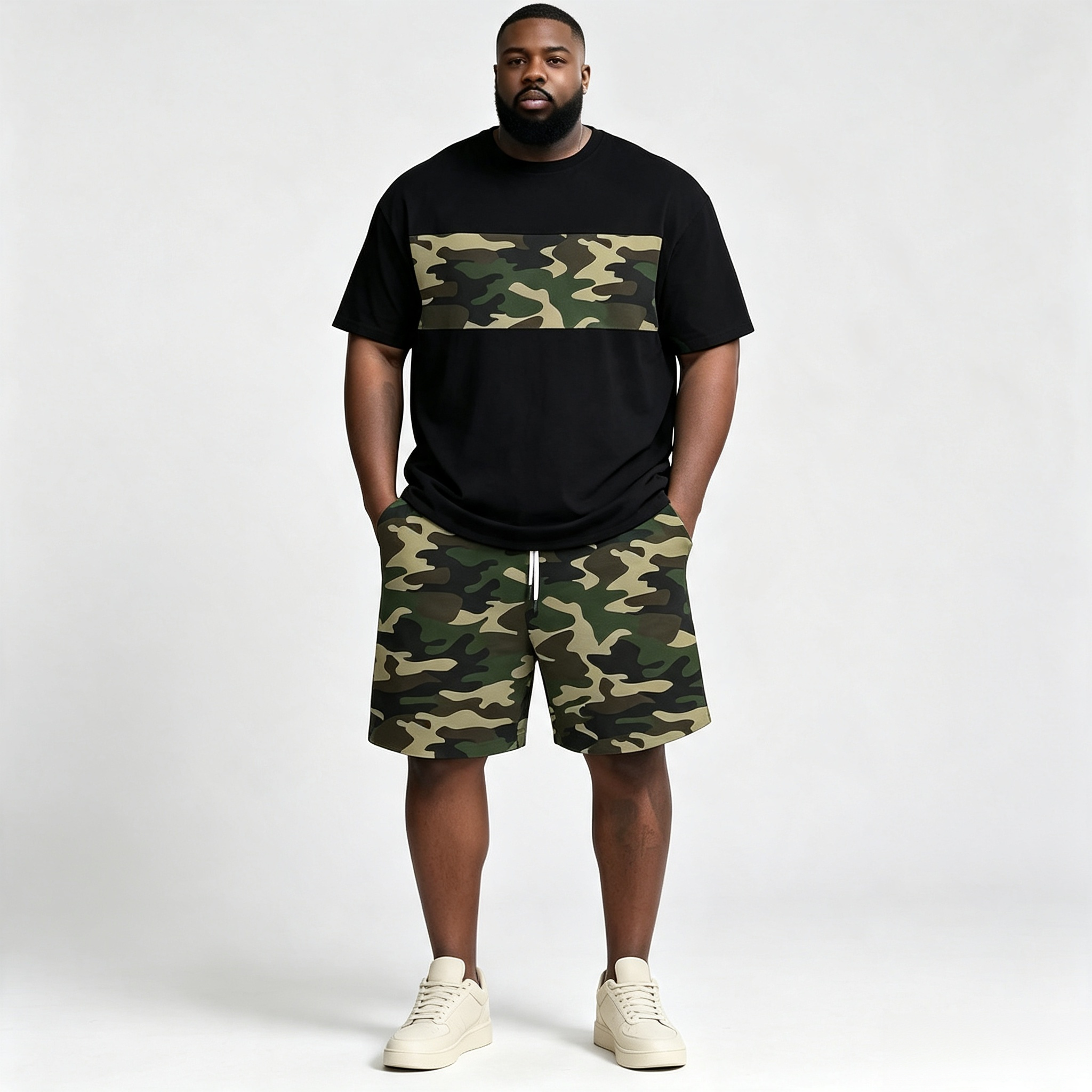 Men's Plus Size Camo 2-Piece Short Set – Casual Streetwear Tracksuit