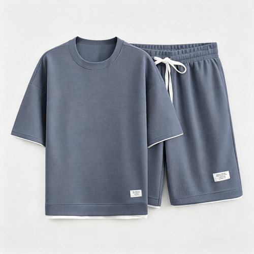 Men's 2-Piece Waffle Textured T-Shirt & Shorts Set – Casual Short Sleeve Loungewear