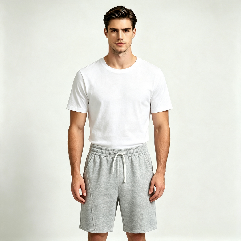 Men's Light Grey 100% Cotton Casual Shorts – Elastic Waist Drawstring Knee-Length Shorts
