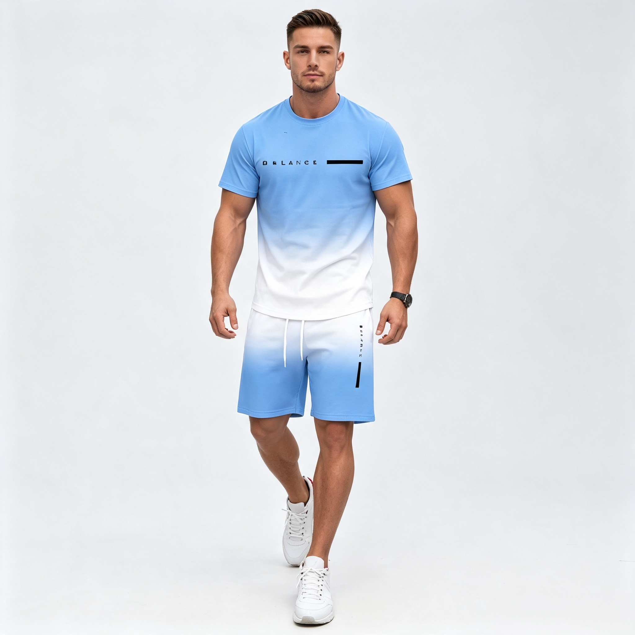 Men's Gradient Print 2-Piece Outfit, PARIS Letter Short Sleeve T-Shirt & Drawstring Shorts Set