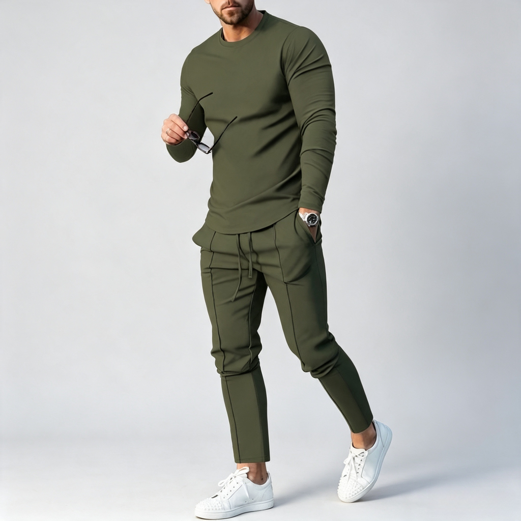 Men's 2-Piece Long Sleeve Tracksuit – Curved Hem Casual Sportswear Set