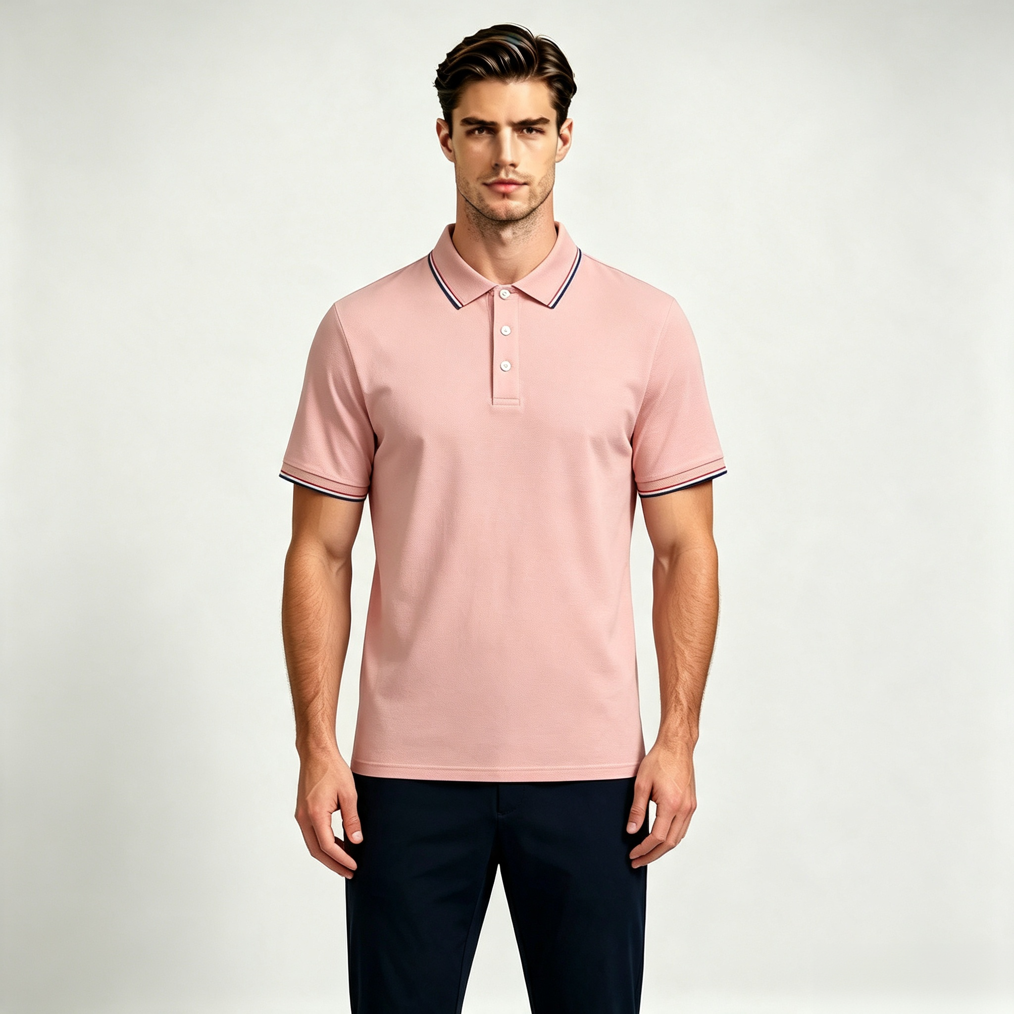 Men's Contrast Striped Trim Short Sleeve Polo Shirt, Classic Collar 3-Button Placket Casual Top