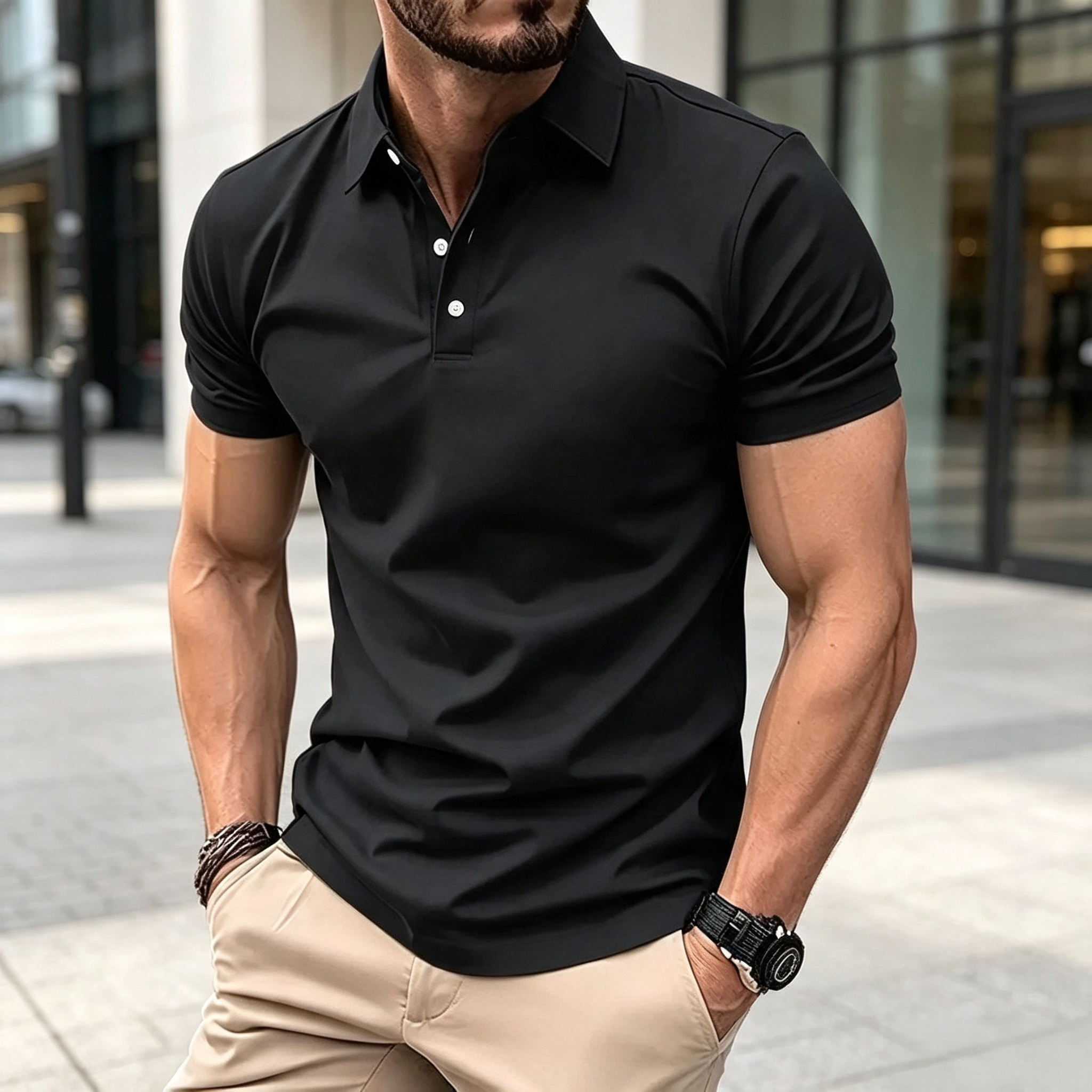 Men's Solid Color Short Sleeve Polo Shirt, Classic Collar 3-Button Placket Casual Top