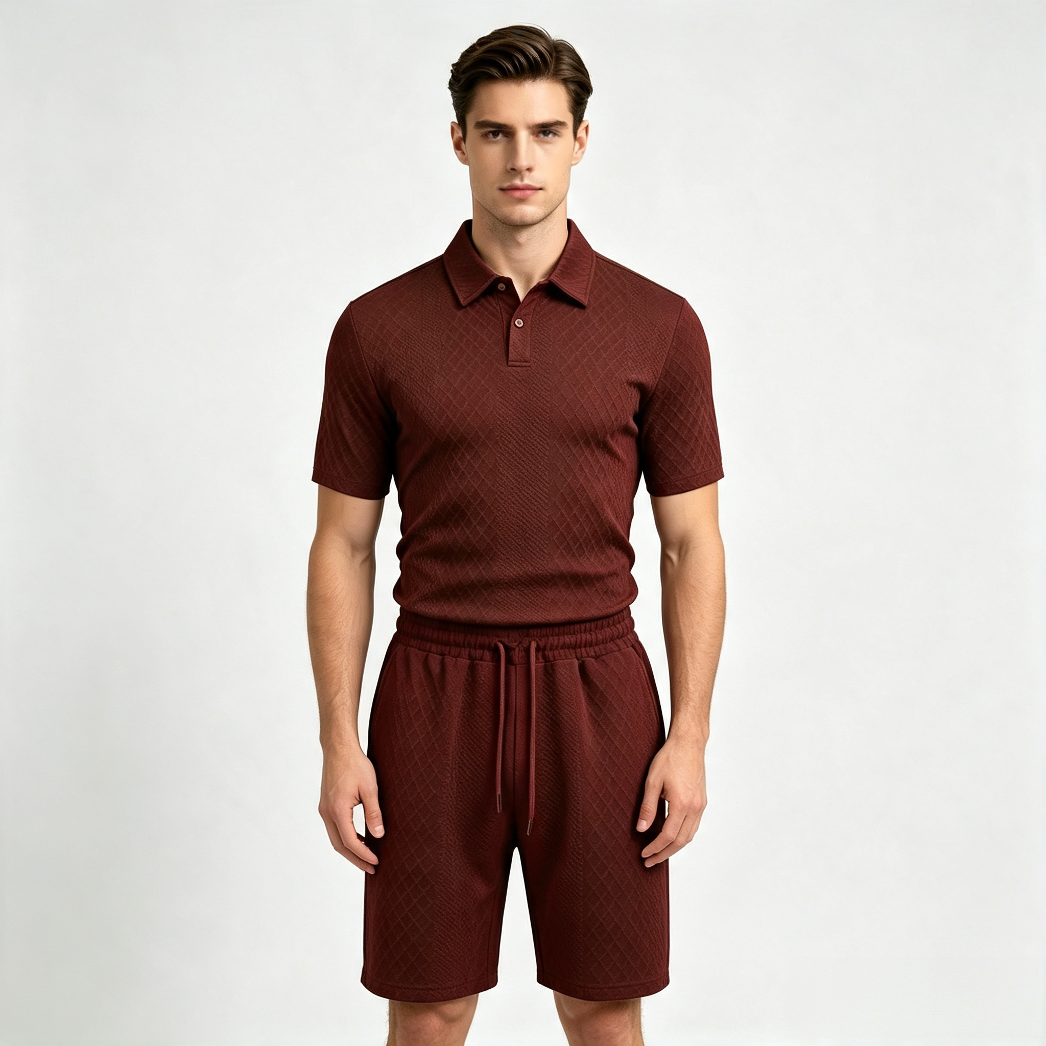 Men's 2-Piece Textured Diamond Quilted Polo Shirt & Shorts Set