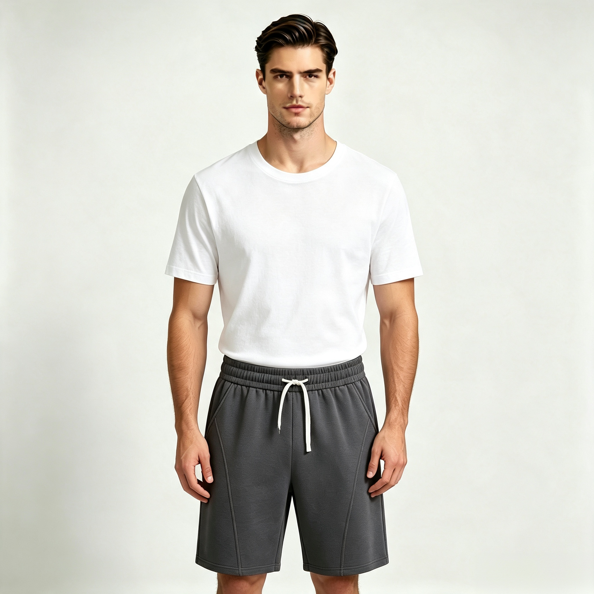 Men's Light Grey 100% Cotton Casual Shorts – Elastic Waist Drawstring Knee-Length Shorts