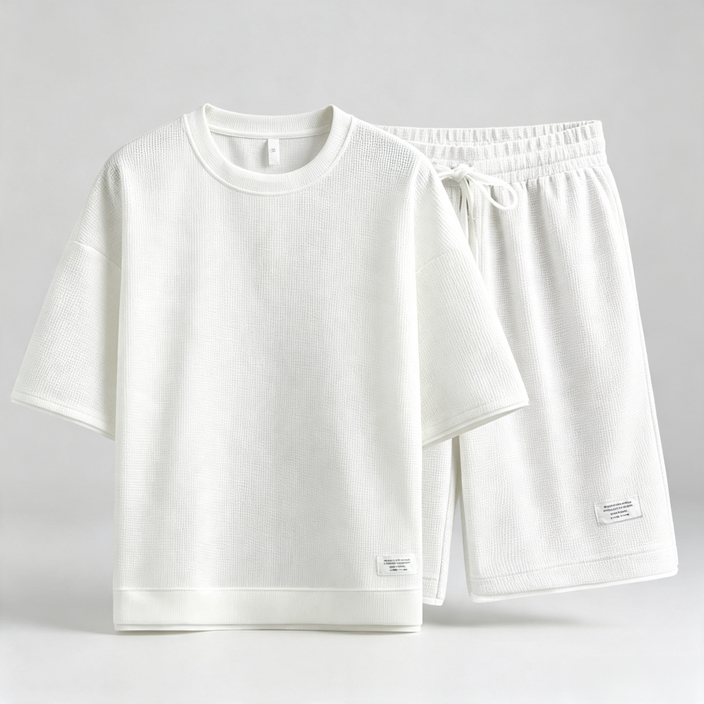 Men's 2-Piece Waffle Textured T-Shirt & Shorts Set – Casual Short Sleeve Loungewear