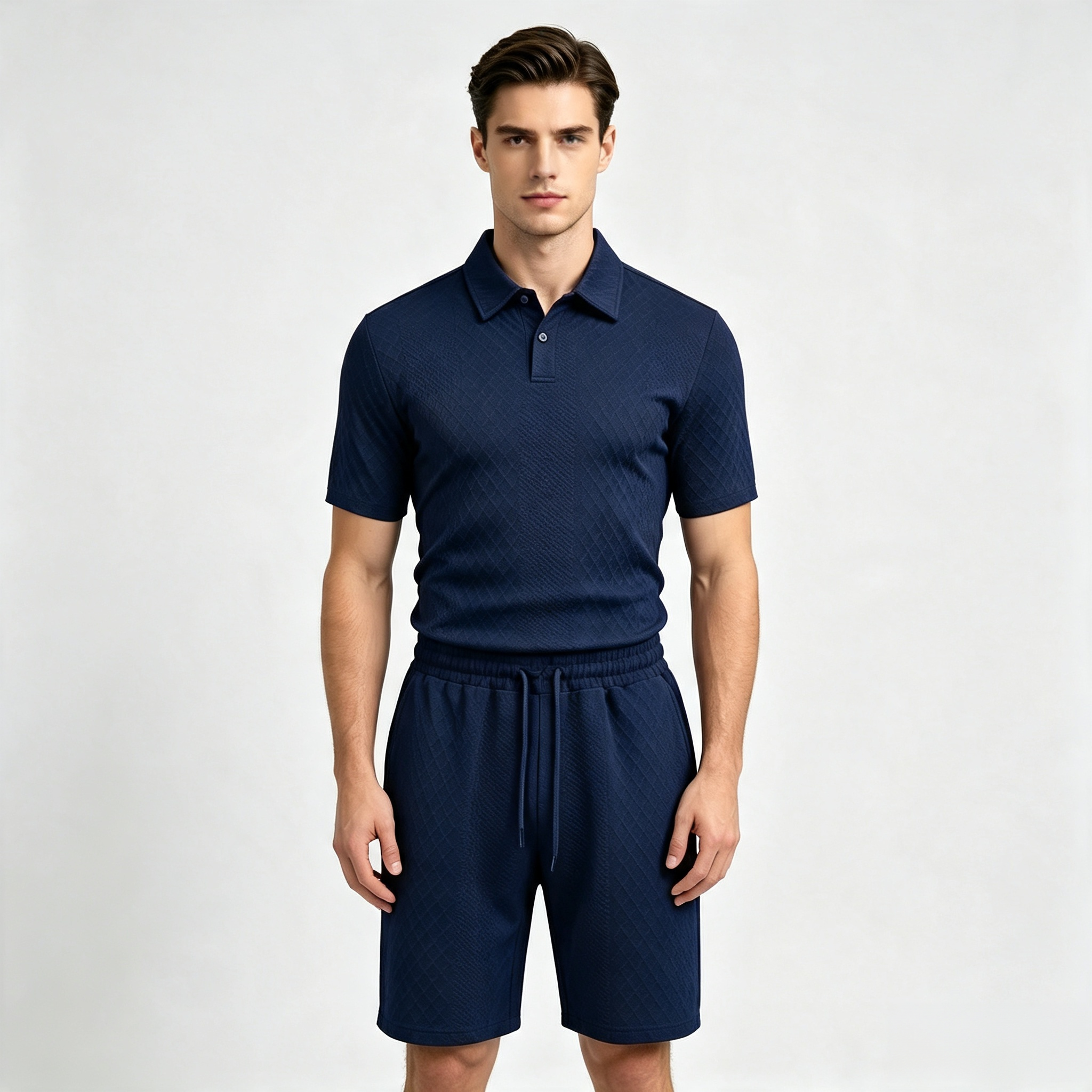 Men's 2-Piece Textured Diamond Quilted Polo Shirt & Shorts Set
