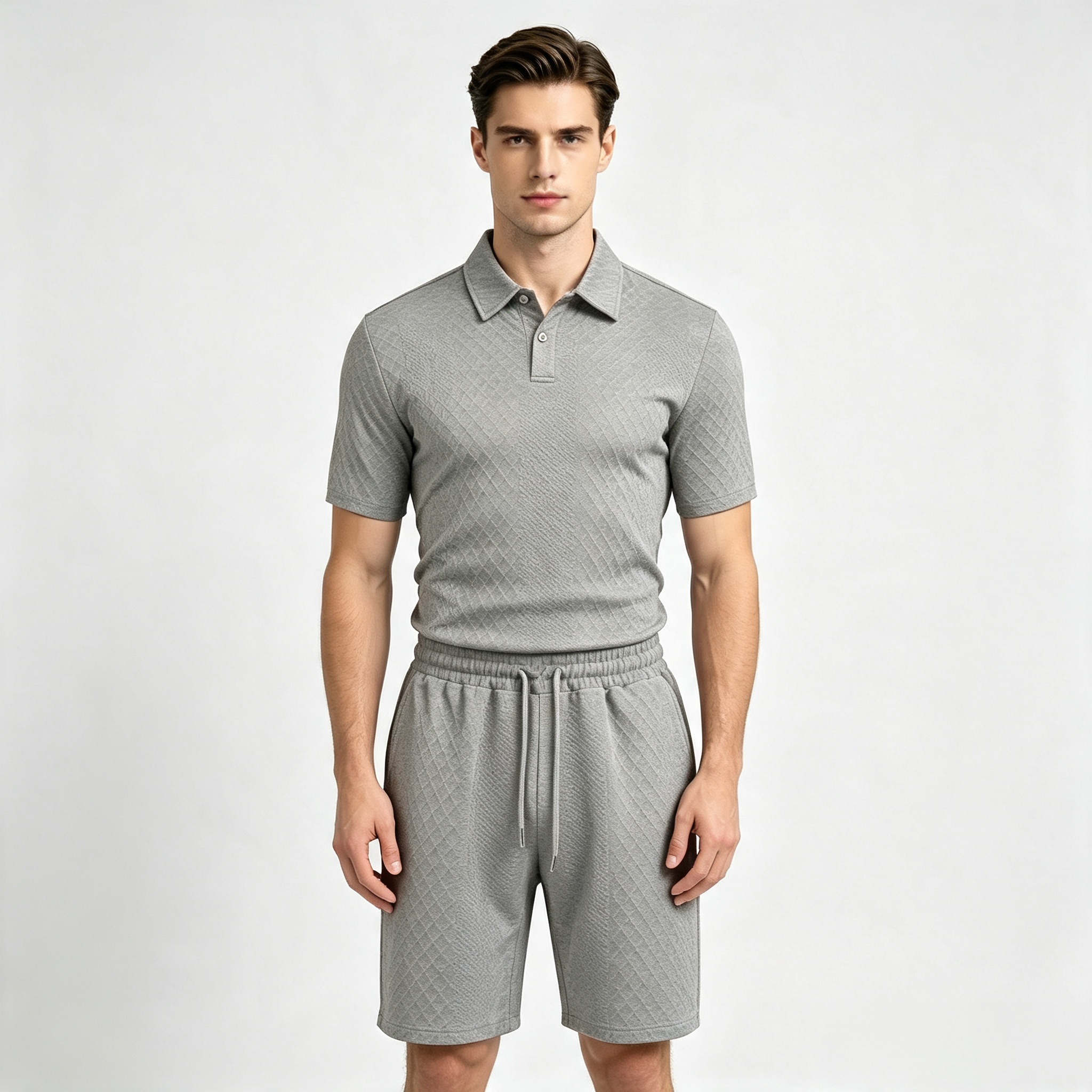 Men's 2-Piece Textured Diamond Quilted Polo Shirt & Shorts Set