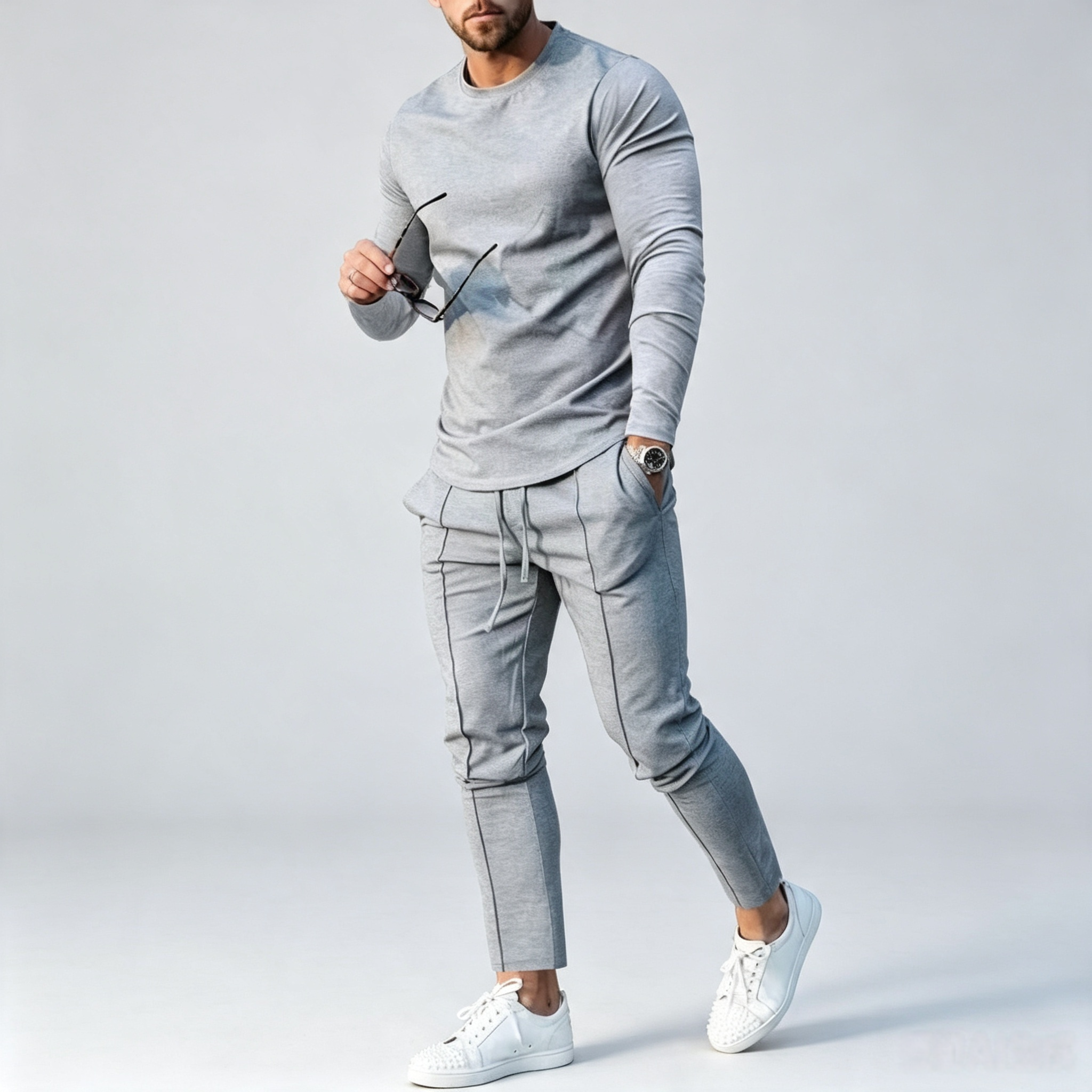 Men's 2-Piece Long Sleeve Tracksuit – Curved Hem Casual Sportswear Set