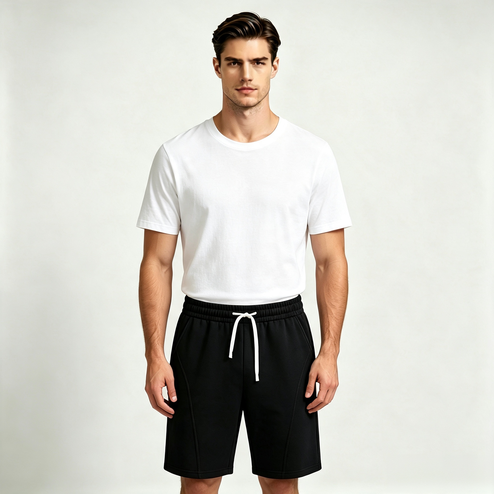 Men's Light Grey 100% Cotton Casual Shorts – Elastic Waist Drawstring Knee-Length Shorts