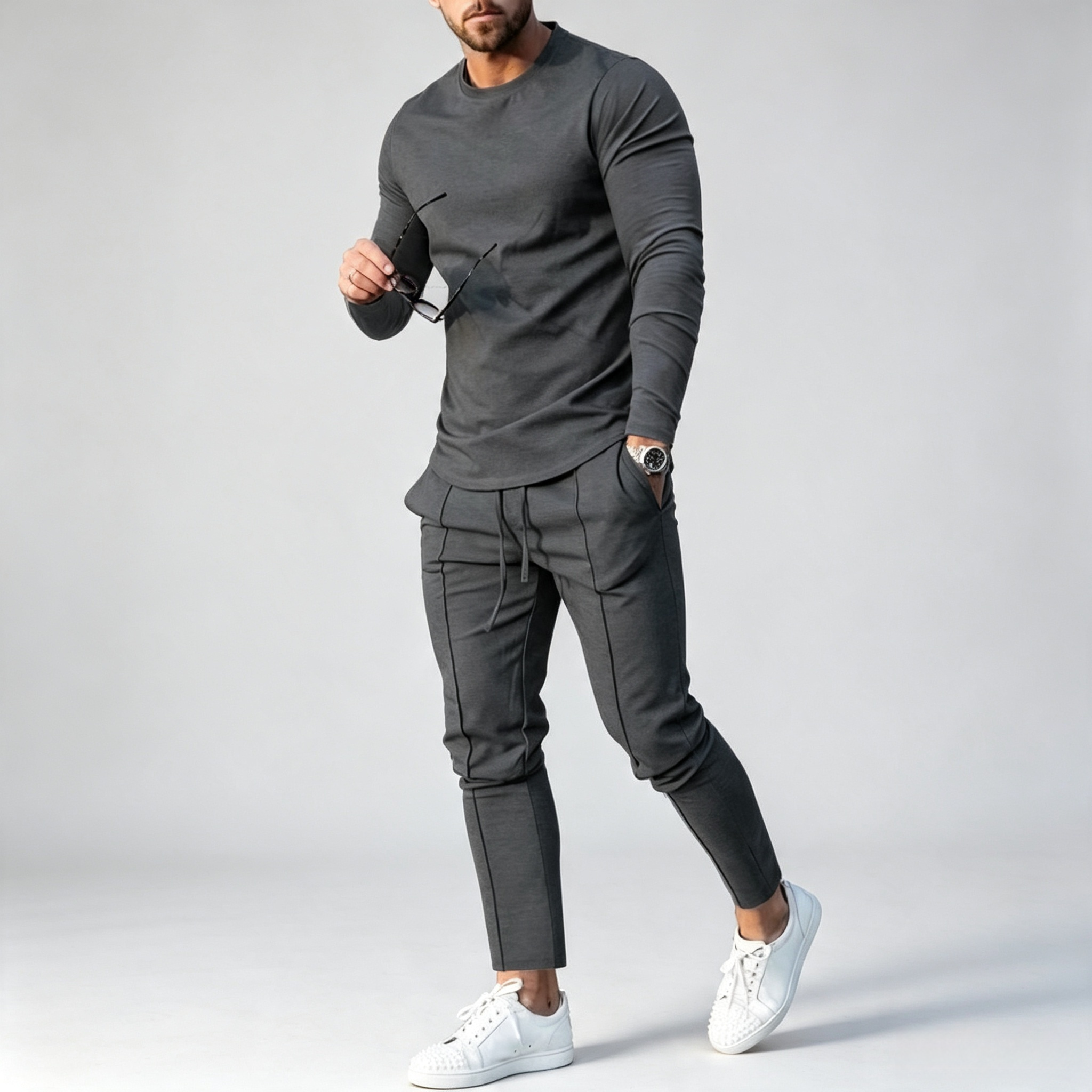 Men's 2-Piece Long Sleeve Tracksuit – Curved Hem Casual Sportswear Set