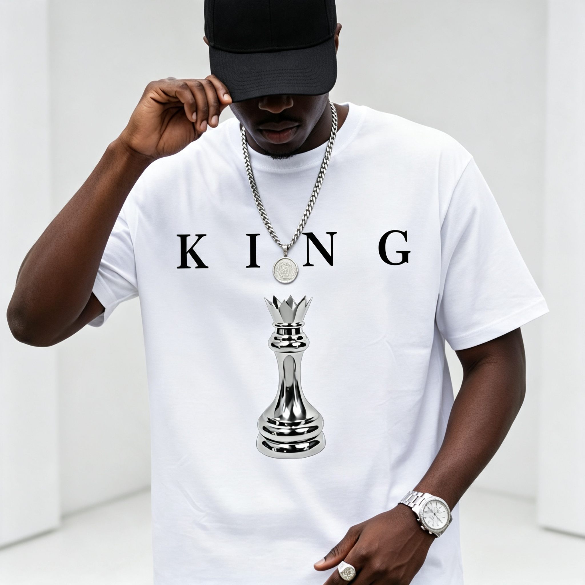 Men's Metallic Chess King "KING" Letter Print Crew Neck Short Sleeve T-Shirt