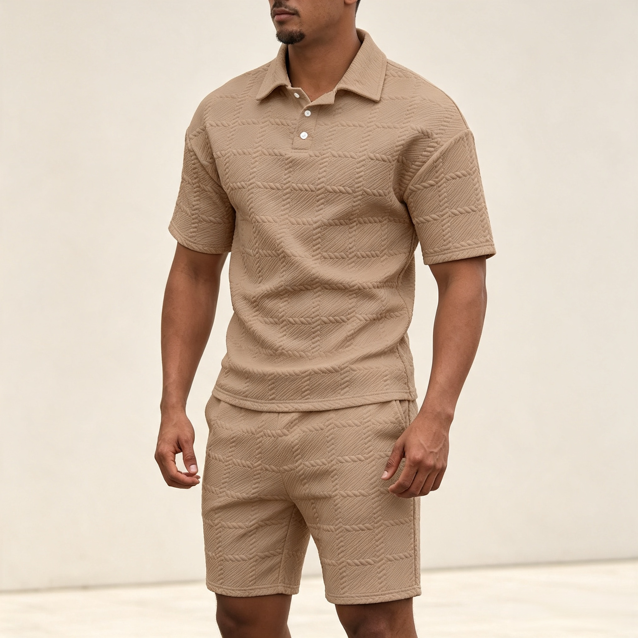 Men's 2-Piece Textured Polo Shirt & Shorts Set – Casual Short Sleeve Tracksuit