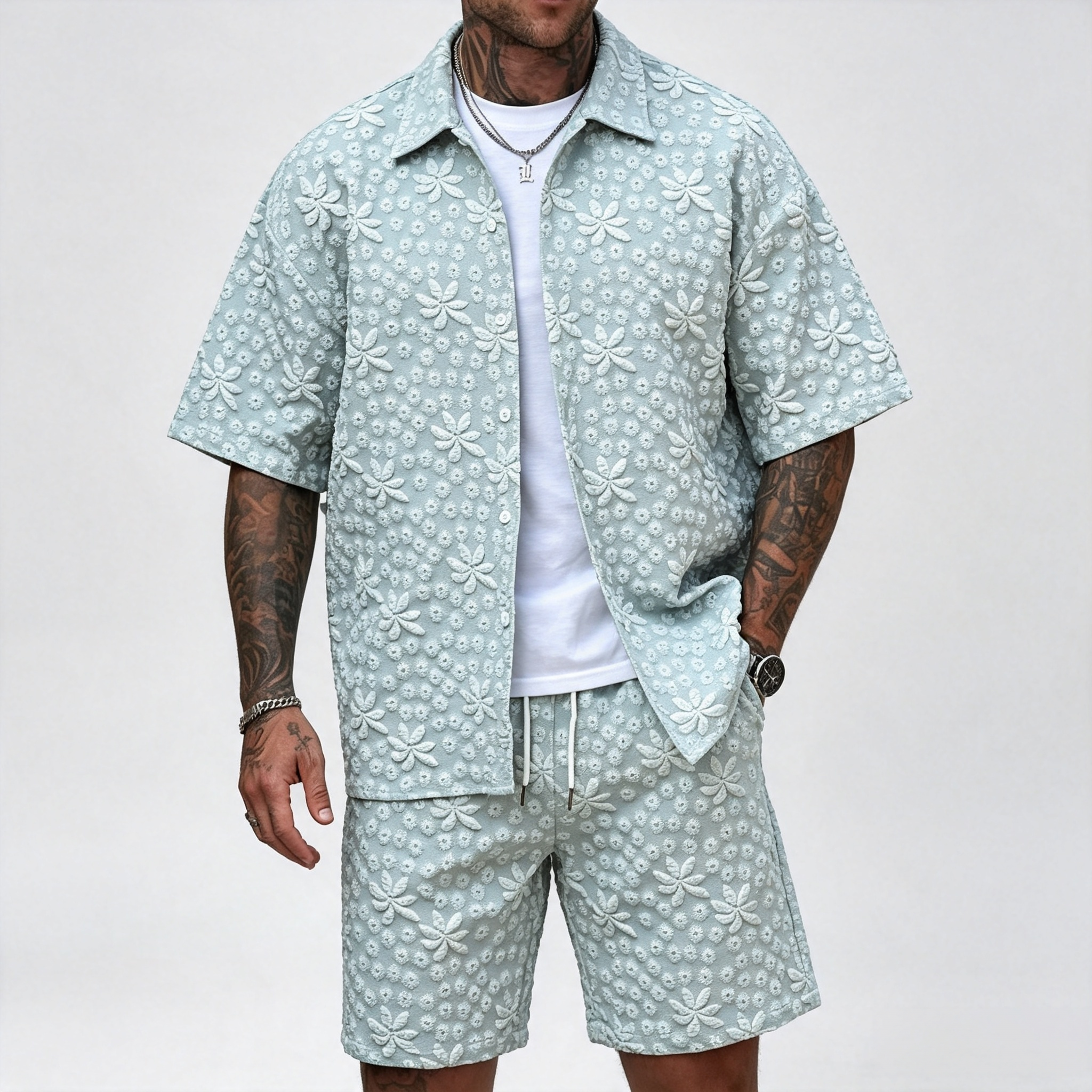 Men's 3D Floral Embossed 2-Piece Short Set – Casual Vacation Shirt & Shorts Outfit