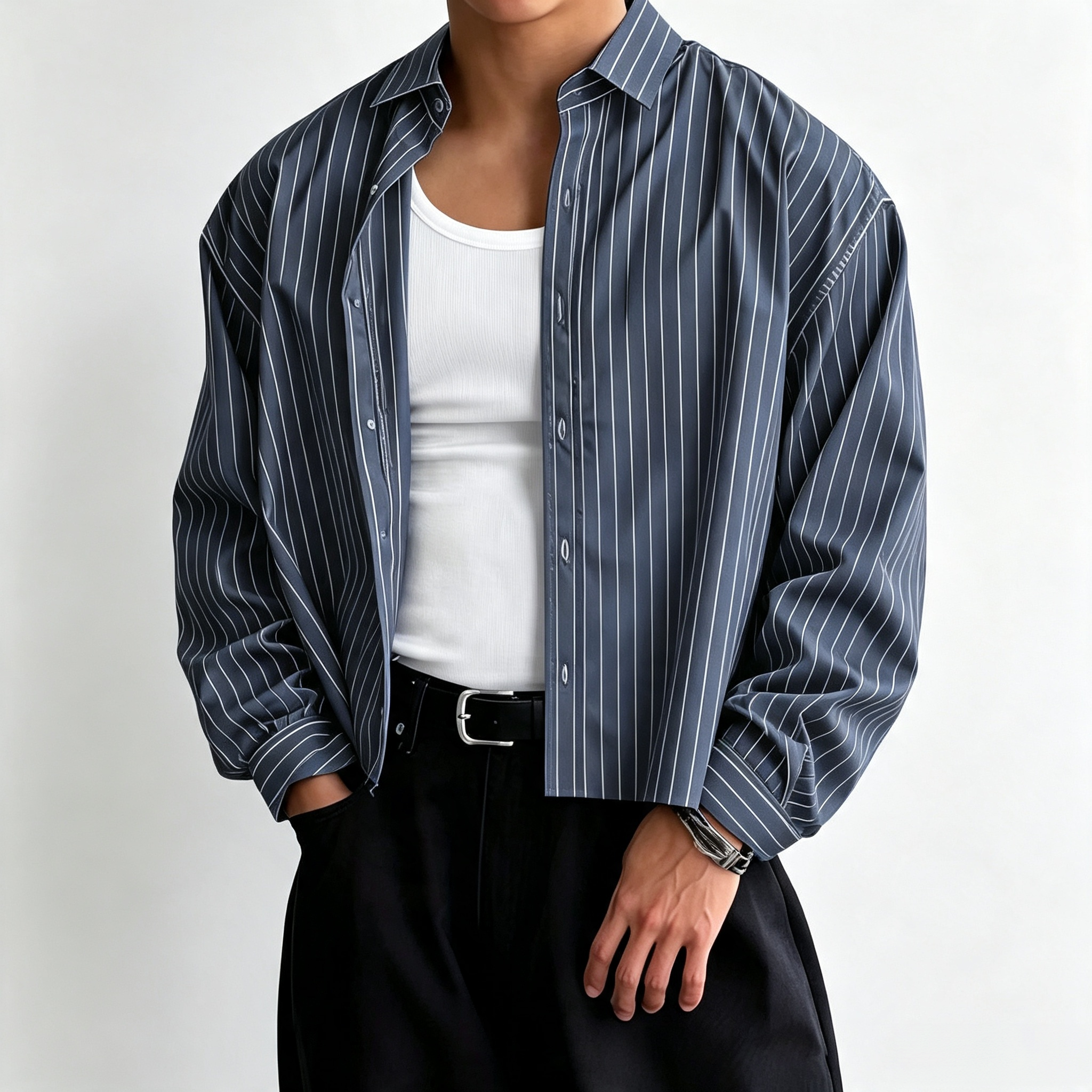 Men's Cropped Pinstripe Button Down Shirt – Oversized Long Sleeve Casual Crop Top