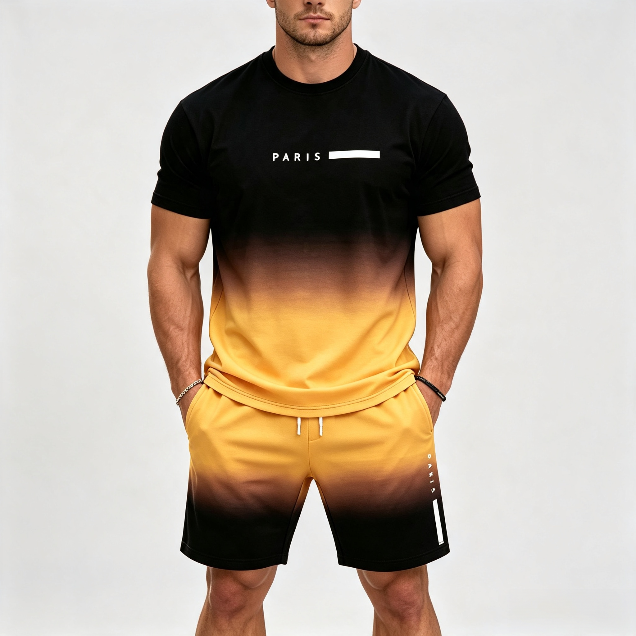 Men's Gradient Print 2-Piece Outfit, PARIS Letter Short Sleeve T-Shirt & Drawstring Shorts Set