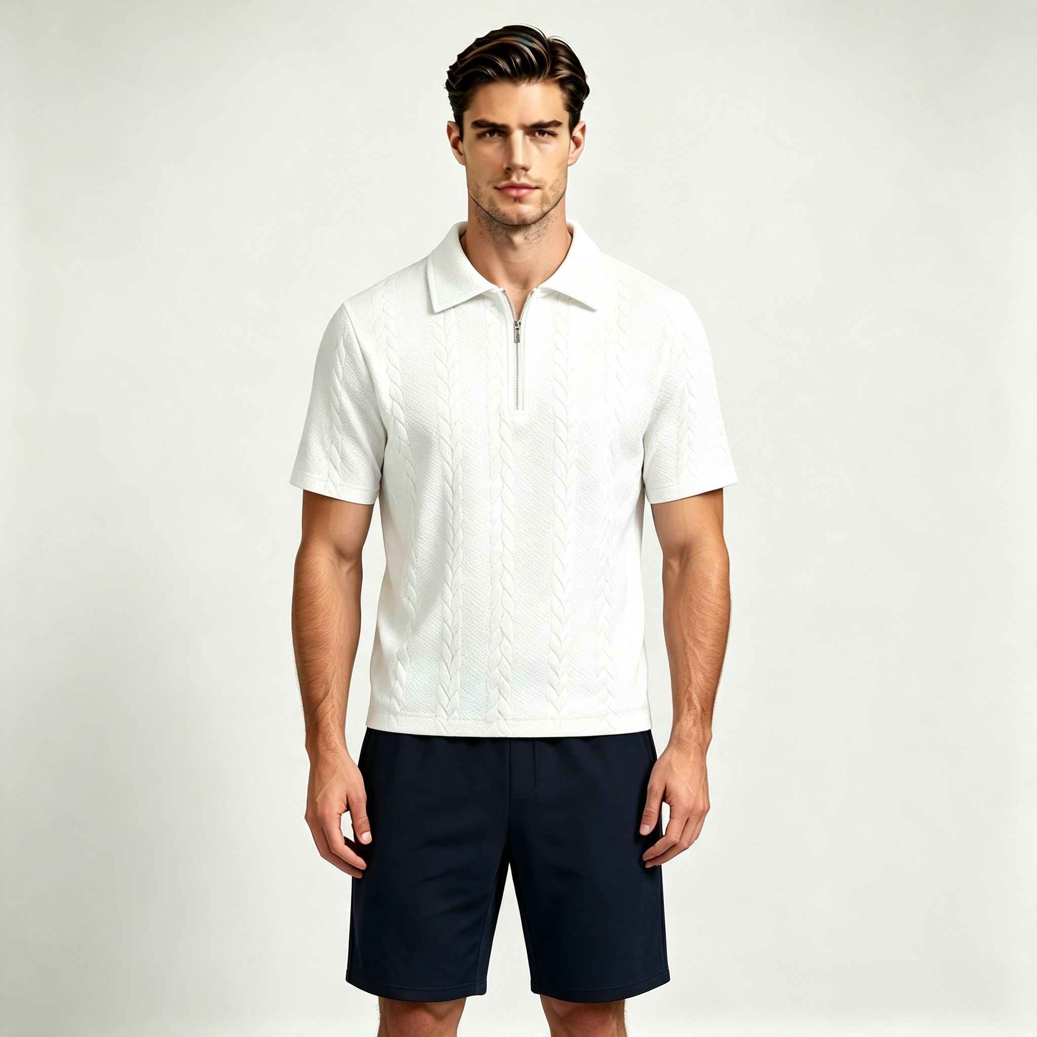 Men's Textured Quarter Zip Polo Shirt – Lapel Short Sleeve Casual Top