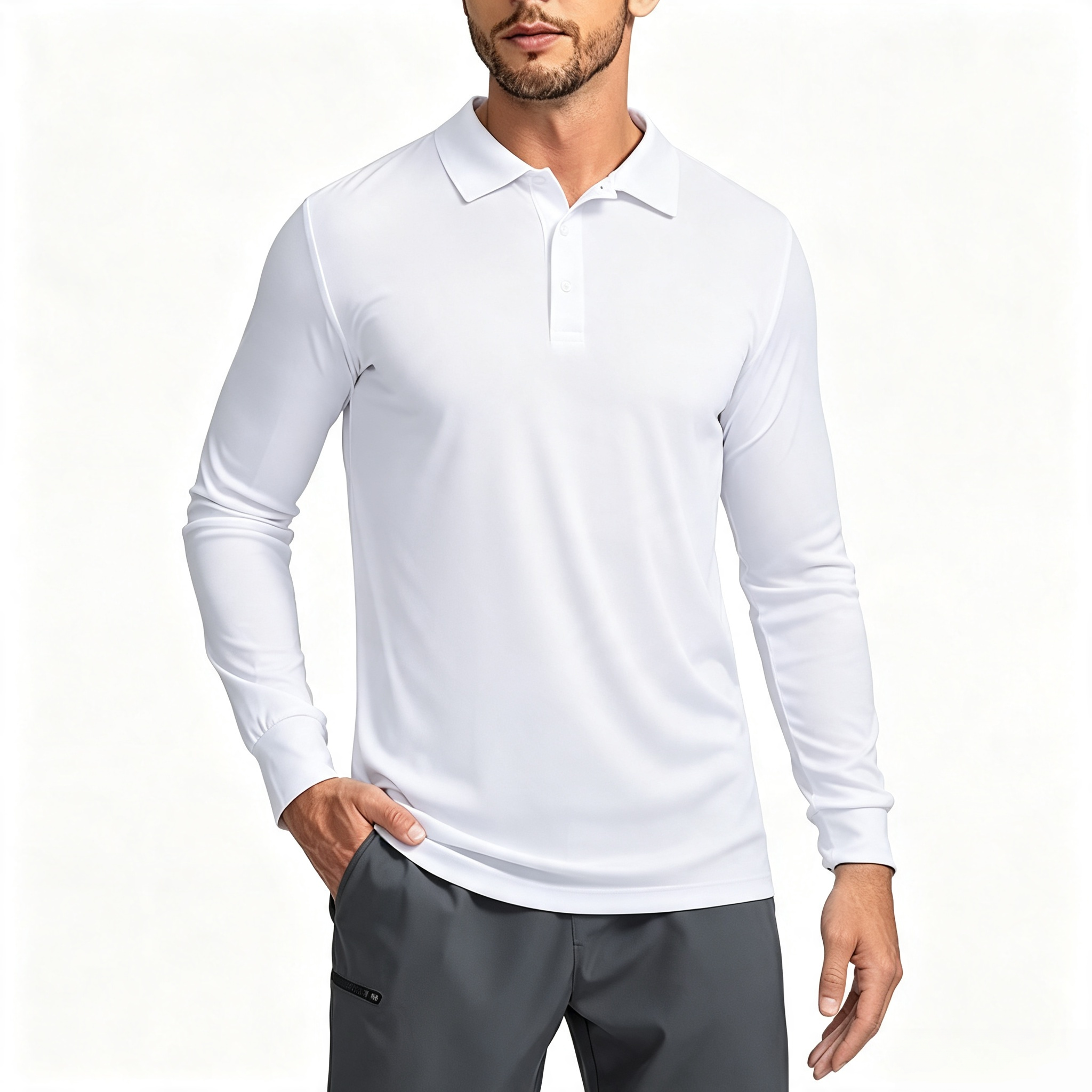 Men's Long Sleeve Performance Polo Shirt, Classic Collar 3-Button Placket Casual Golf Polo Top