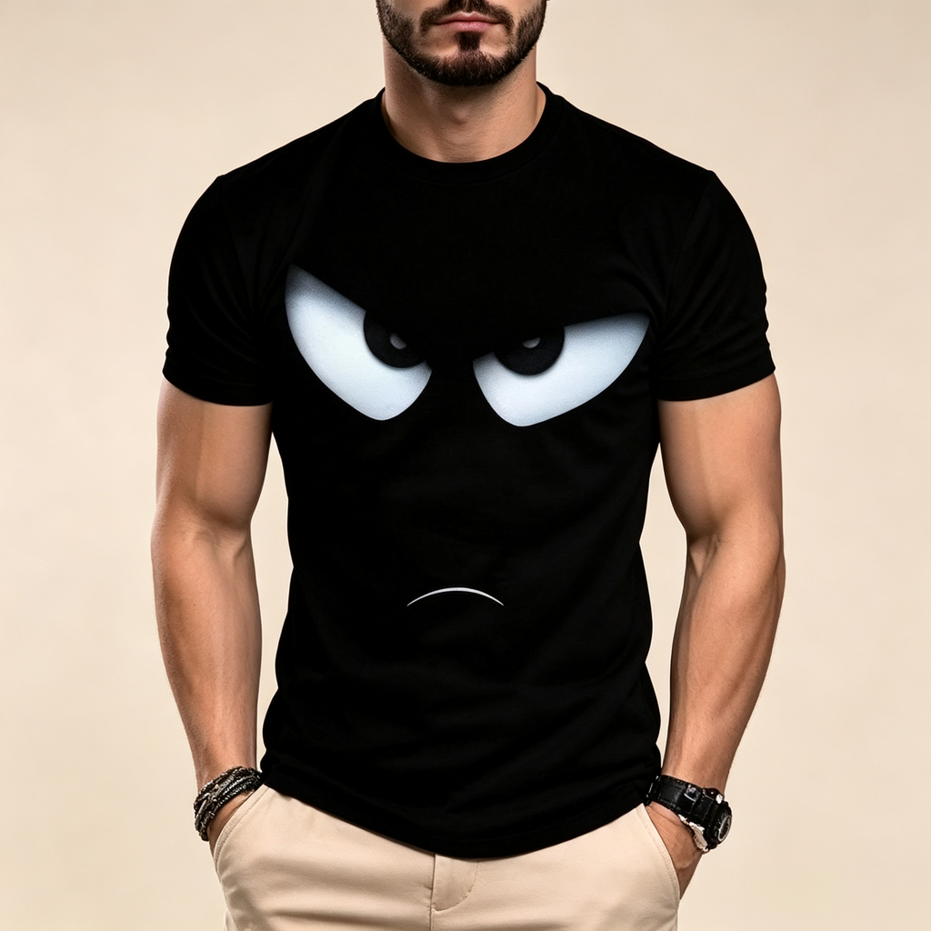 Men's Short‑Sleeve Crew Neck T‑Shirt, Angry Face Graphic Print